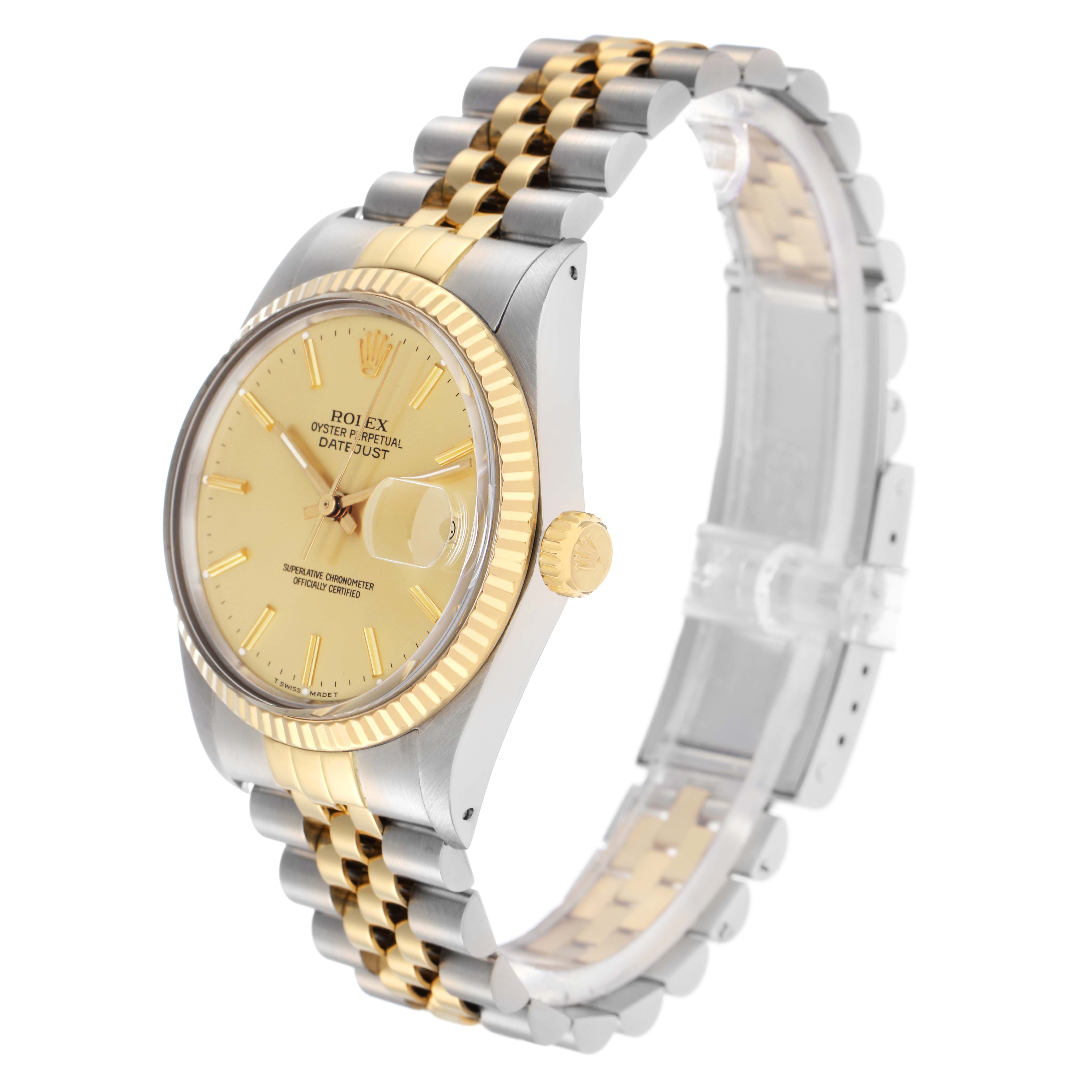 The Rolex Vintage Collection 16013 Men
s Steel and Gold (two tone) Champagne Dial 16013 Men
s Steel and Gold (two tone) Champagne Dial model is shown at a three-quarter angle, displaying the face, bezel, crown, and two-tone bracelet.