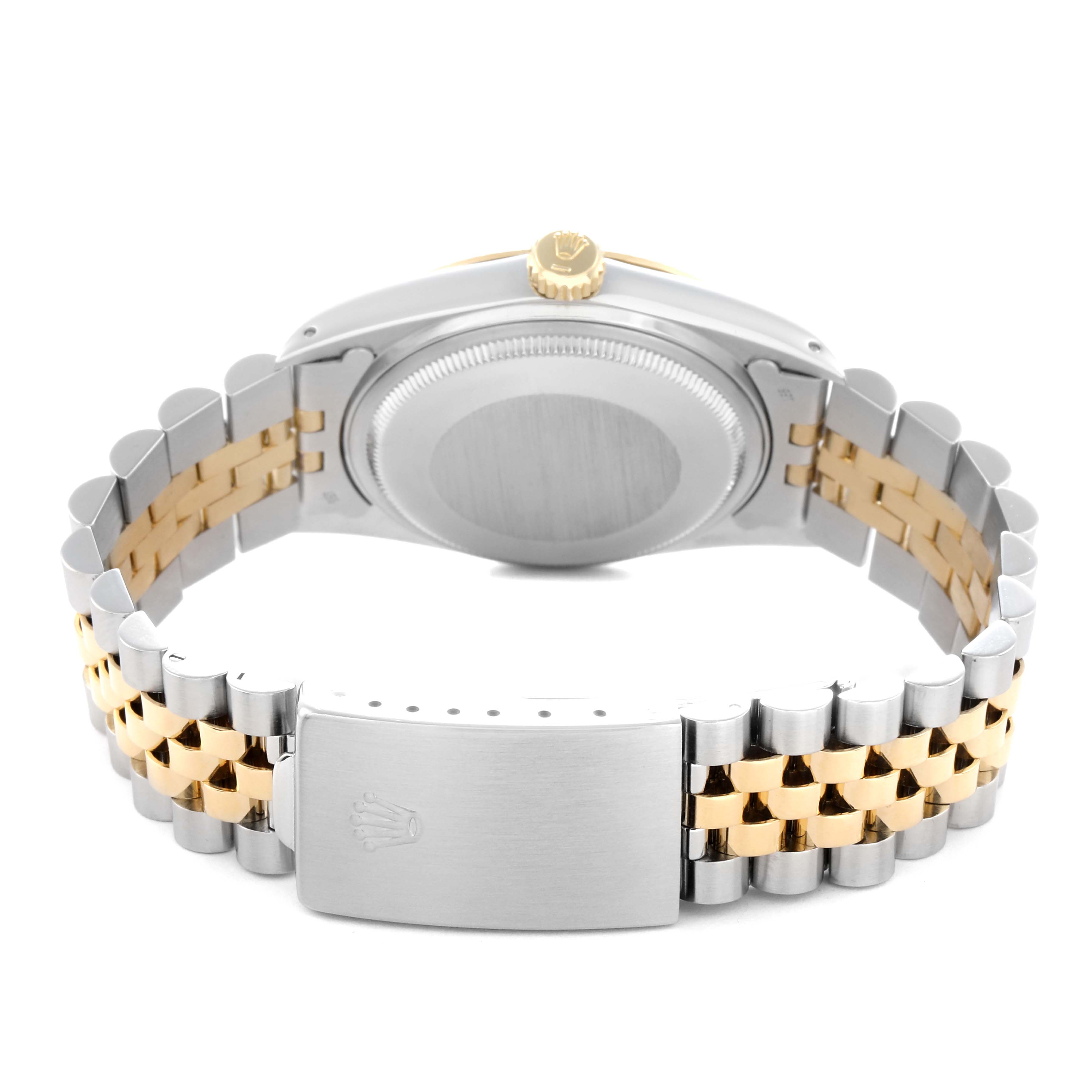 The image shows the back and clasp of the Rolex Vintage Collection 16013 Men
s Steel and Gold (two tone) Champagne Dial 16013 Men
s Steel and Gold (two tone) Champagne Dial watch, displaying a two-tone bracelet.