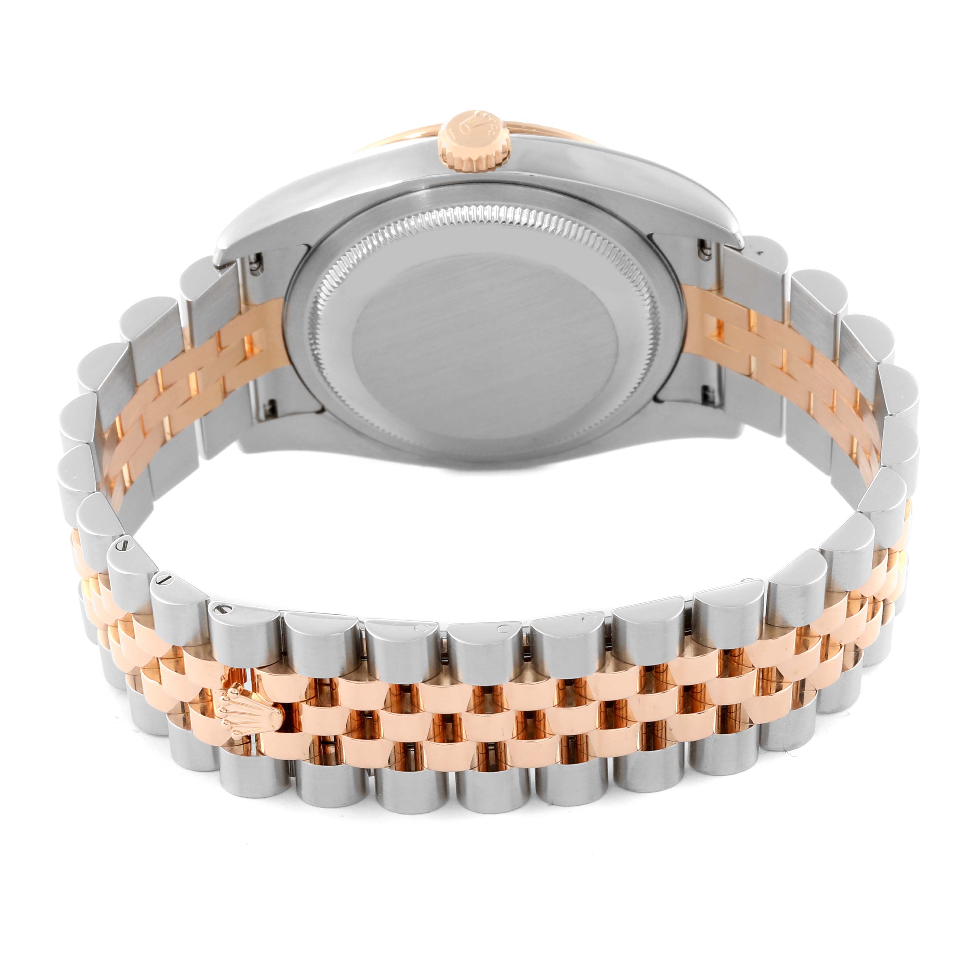 The Rolex Turn-o-Graph 116261 Men's Steel and Gold (two tone) White Dial model is shown from the rear, displaying the back case, crown, and stainless steel and rose gold bracelet.