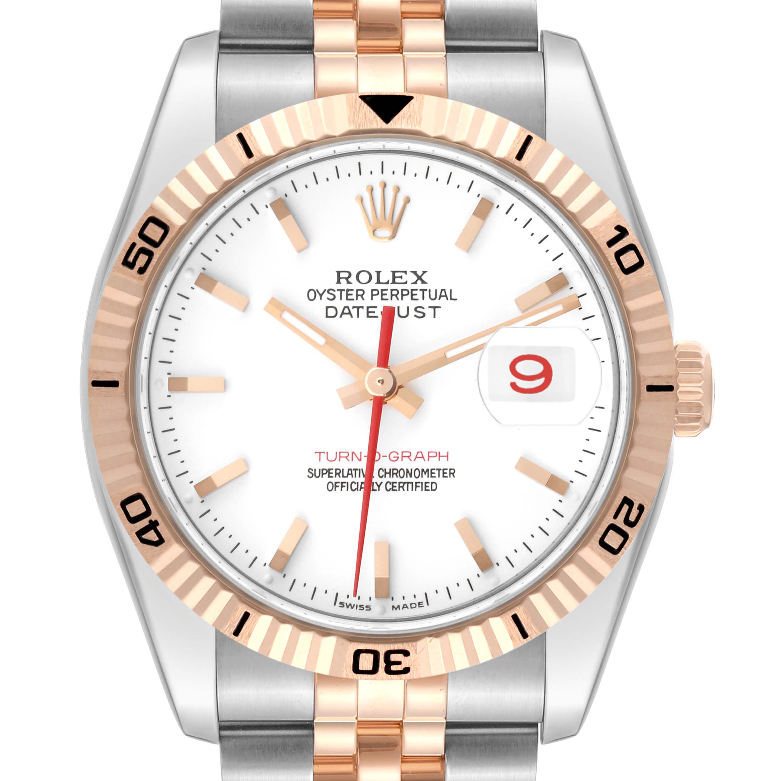 The Rolex Turn-o-Graph 116261 Men's Steel and Gold (two tone) White Dial watch is shown front-facing, displaying the dial, hands, bezel, crown, and bracelet.