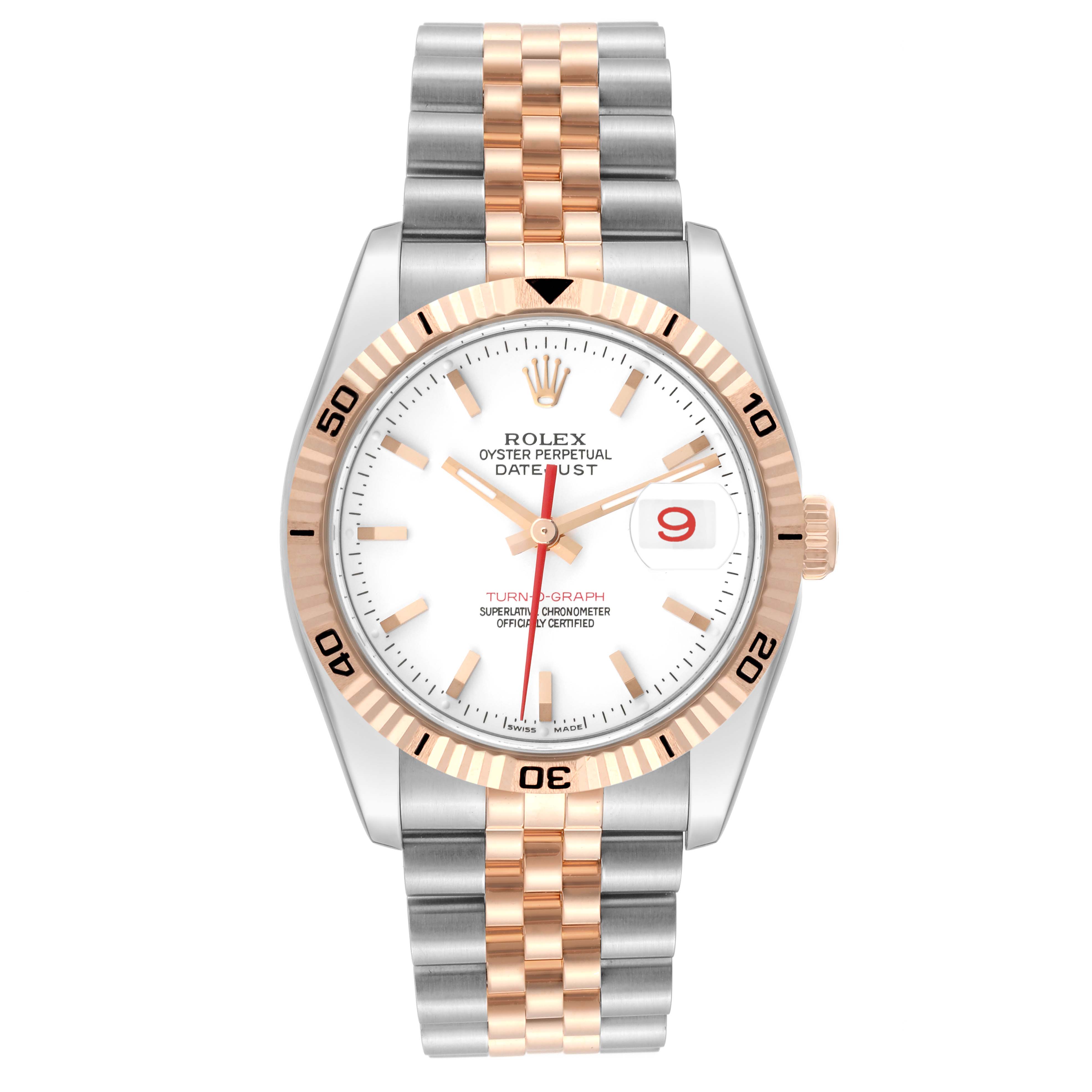 The Rolex Turn-o-Graph 116261 Men's Steel and Gold (two tone) White Dial watch is shown from the front, displaying its bezel, dial, hands, and jubilee bracelet.