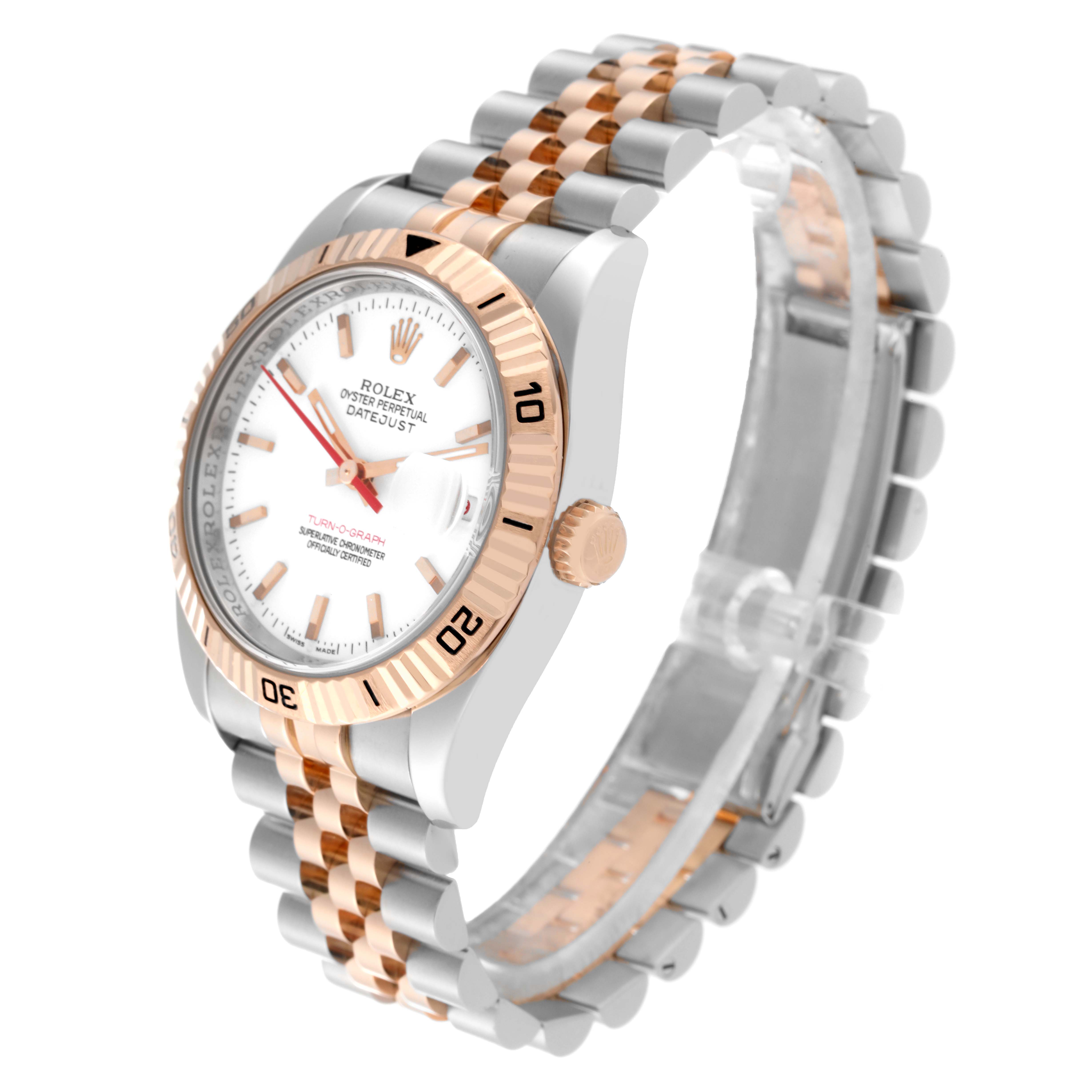 The Rolex Turn-o-Graph 116261 Men's Steel and Gold (two tone) White Dial watch is shown at a three-quarter angle, displaying the face, bezel, crown, and bracelet.