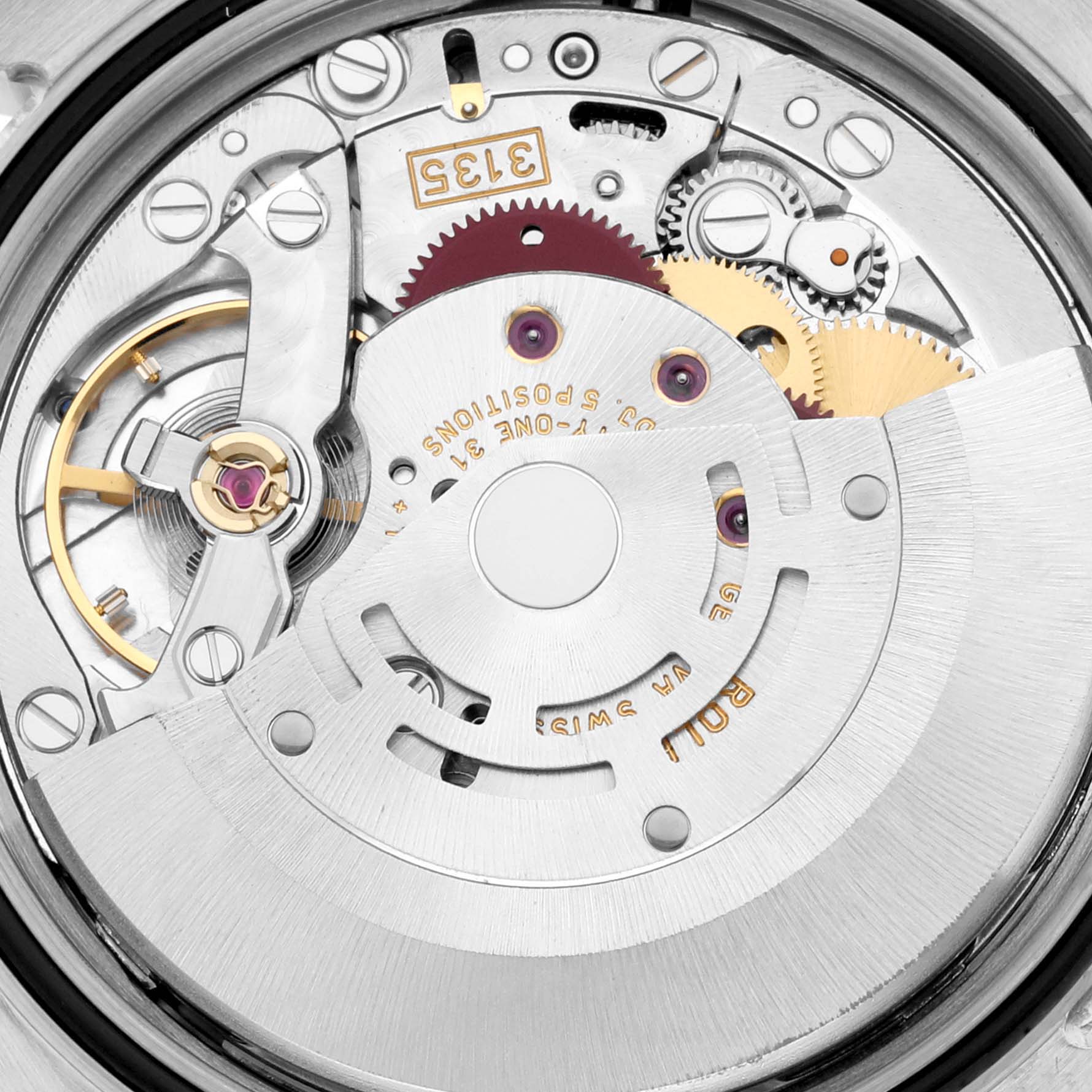 The image shows the intricate movement of a Rolex Turn-o-Graph 116261 Men's Steel and Gold (two tone) White Dial watch viewed from the back, featuring gears and a rotor.