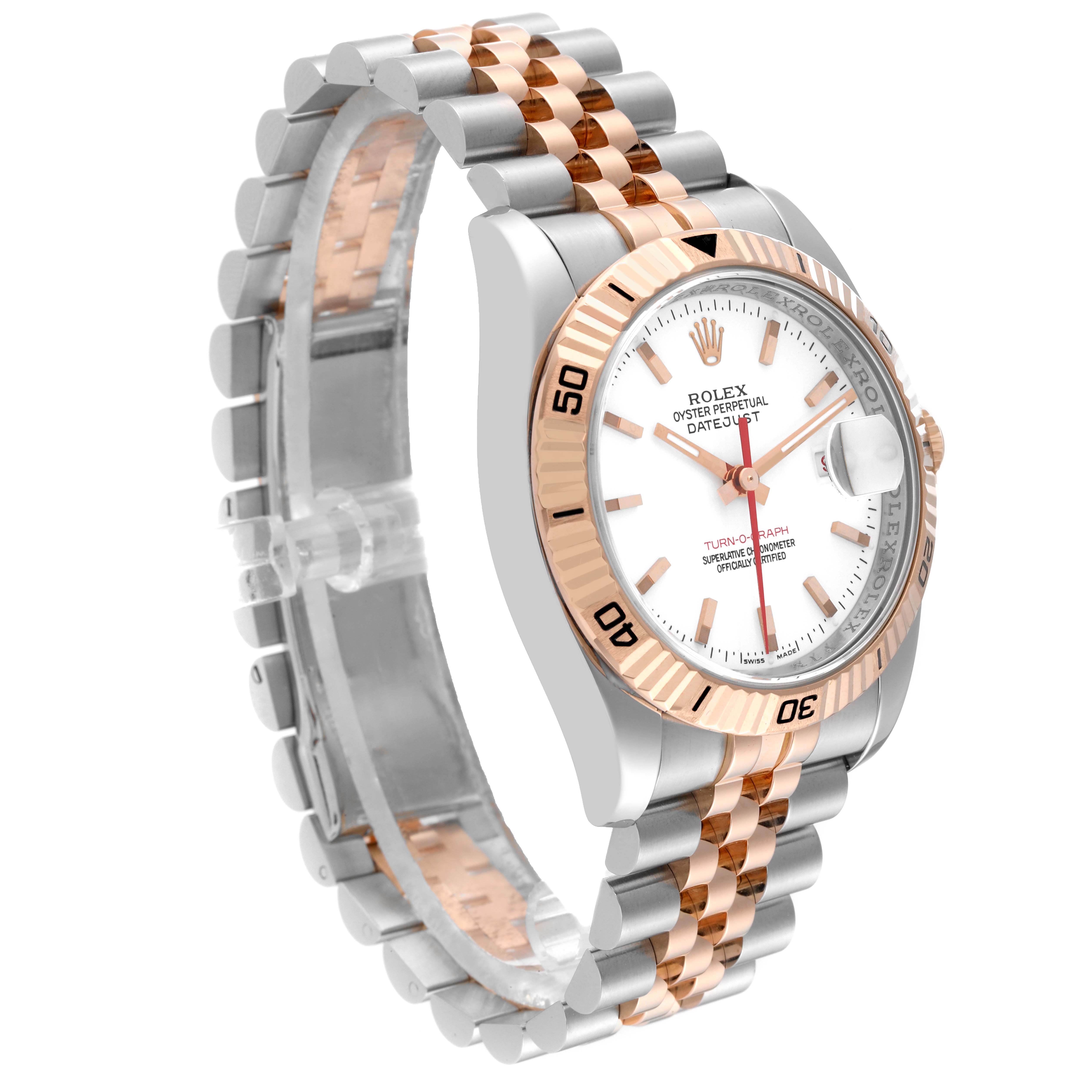 The Rolex Turn-o-Graph 116261 Men's Steel and Gold (two tone) White Dial watch is shown at a three-quarter angle, highlighting its bezel, dial, and two-tone bracelet.