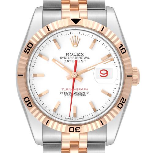 The Rolex Turn-o-Graph 116261 Men's Steel and Gold (two tone) White Dial watch is shown from the front, highlighting its bezel, dial, hands, and two-tone bracelet.