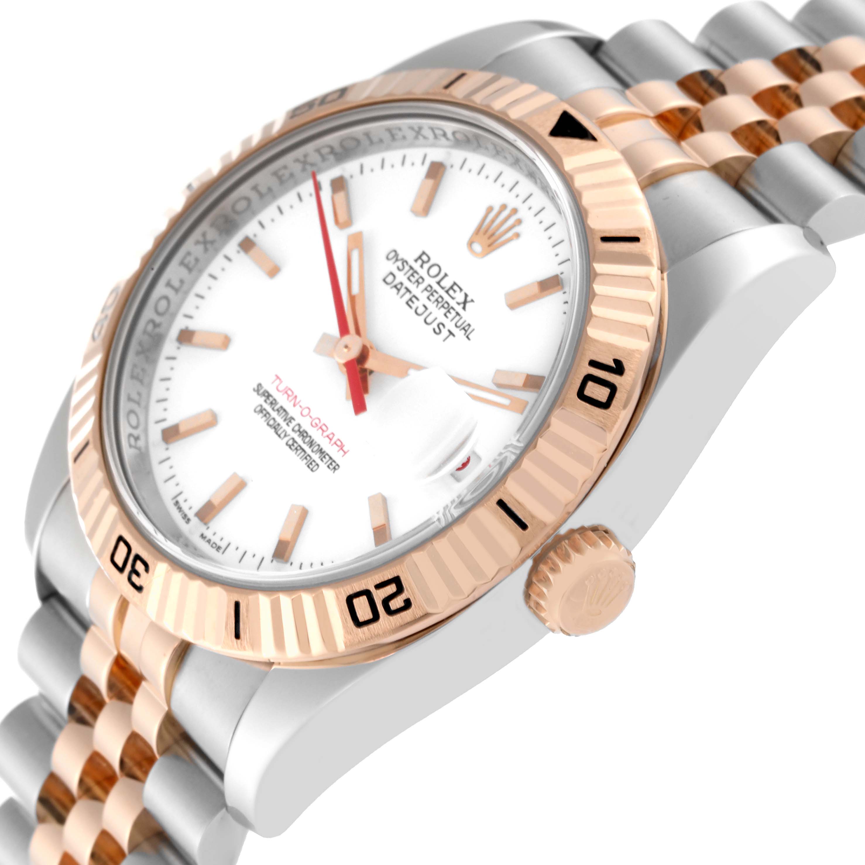 The Rolex Turn-o-Graph 116261 Men's Steel and Gold (two tone) White Dial watch is shown at an angle highlighting the face, bezel, and a portion of the band.