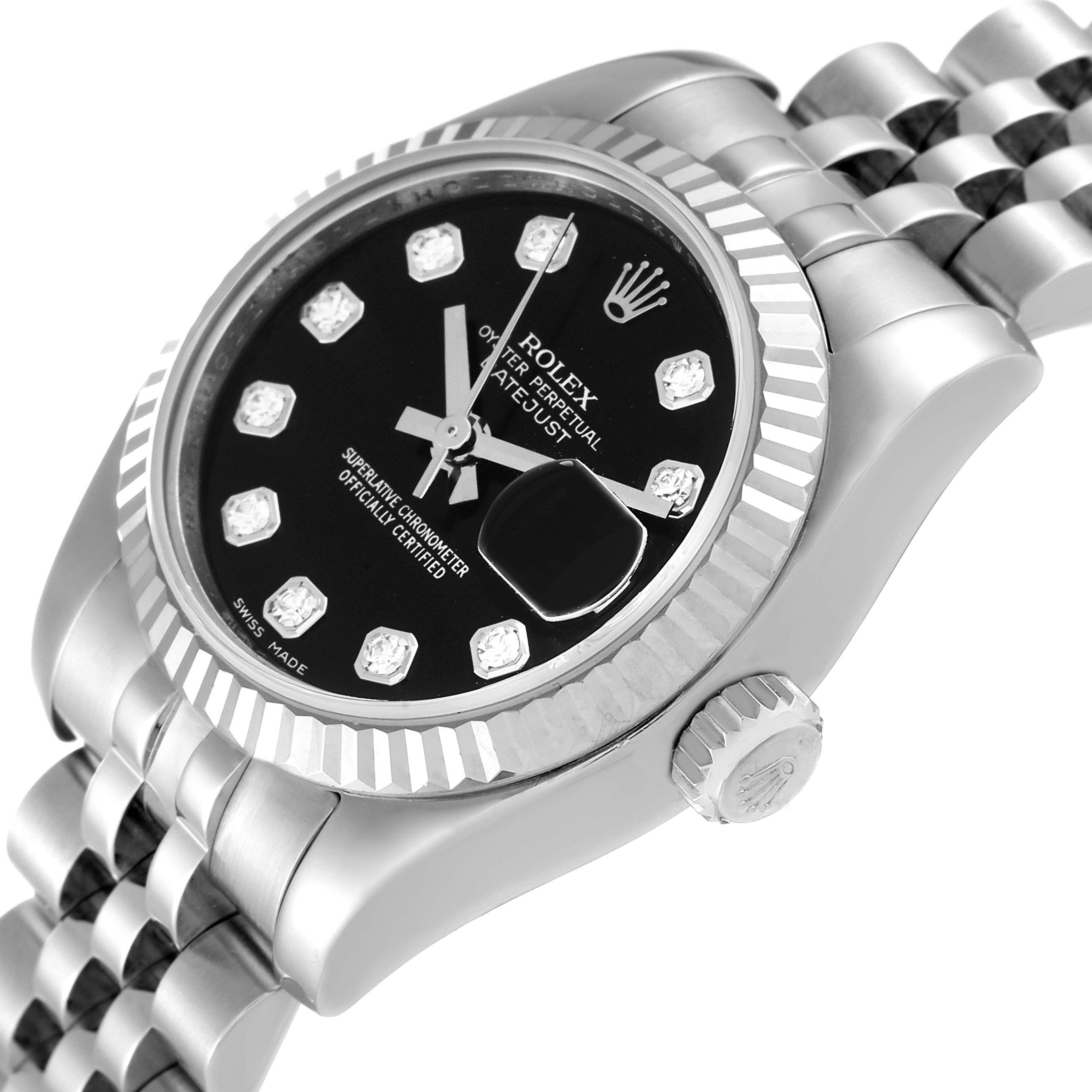 The image shows a close-up angled view of the Rolex Datejust 179174 Women's Stainless Steel Black Dial 179174 Women's Stainless Steel Black Dial watch, highlighting its face, bezel, crown, and part of the bracelet.