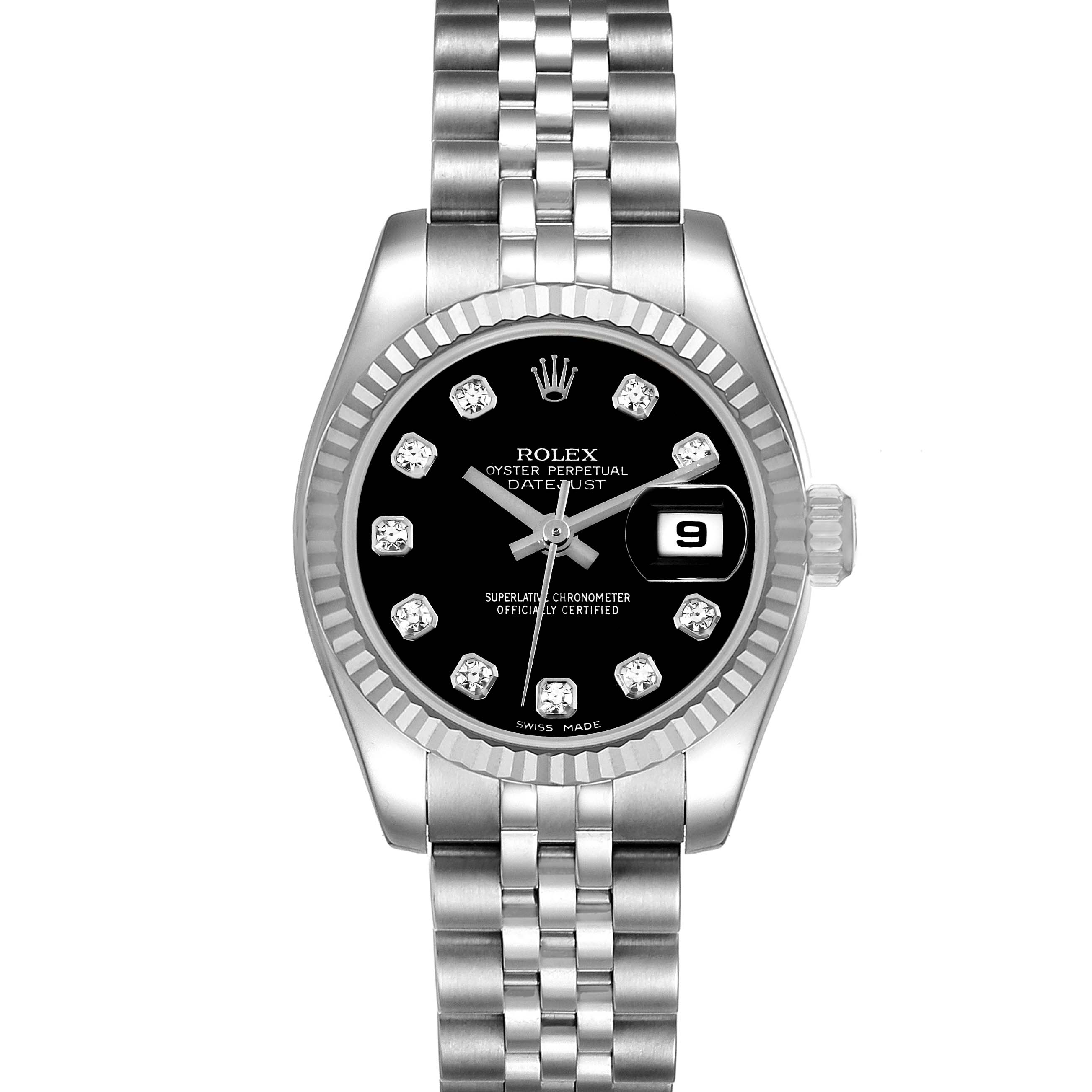 This image shows a front view of a Rolex Datejust 179174 Women's Stainless Steel Black Dial 179174 Women's Stainless Steel Black Dial watch, displaying the dial, bezel, case, and part of the bracelet.