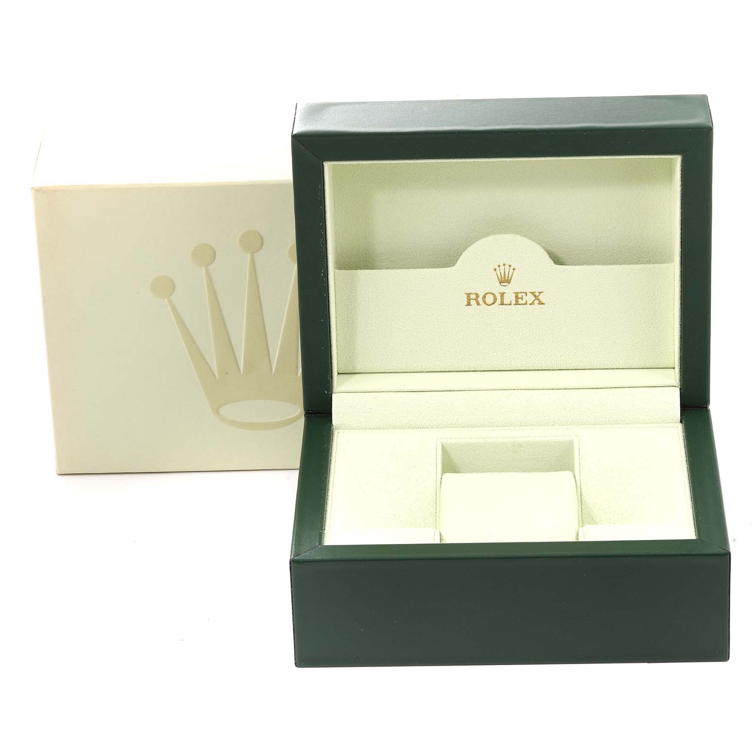 The image shows an open box for the Rolex Datejust 179174 Women's Stainless Steel Black Dial 179174 Women's Stainless Steel Black Dial, highlighting the inner compartment and outer packaging.