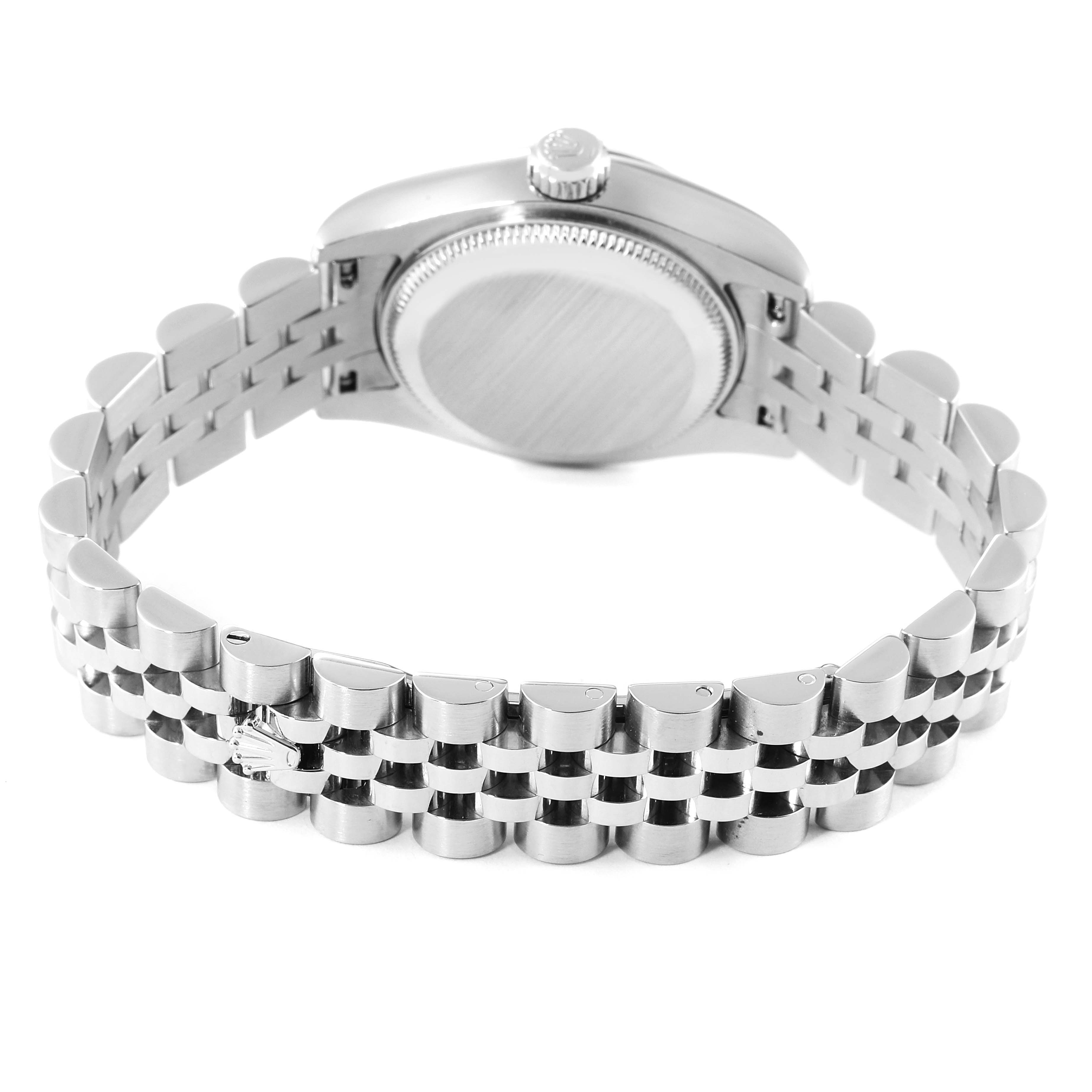 The image shows the back case and strap of a Rolex Datejust 179174 Women's Stainless Steel Black Dial 179174 Women's Stainless Steel Black Dial watch from a rear angle.