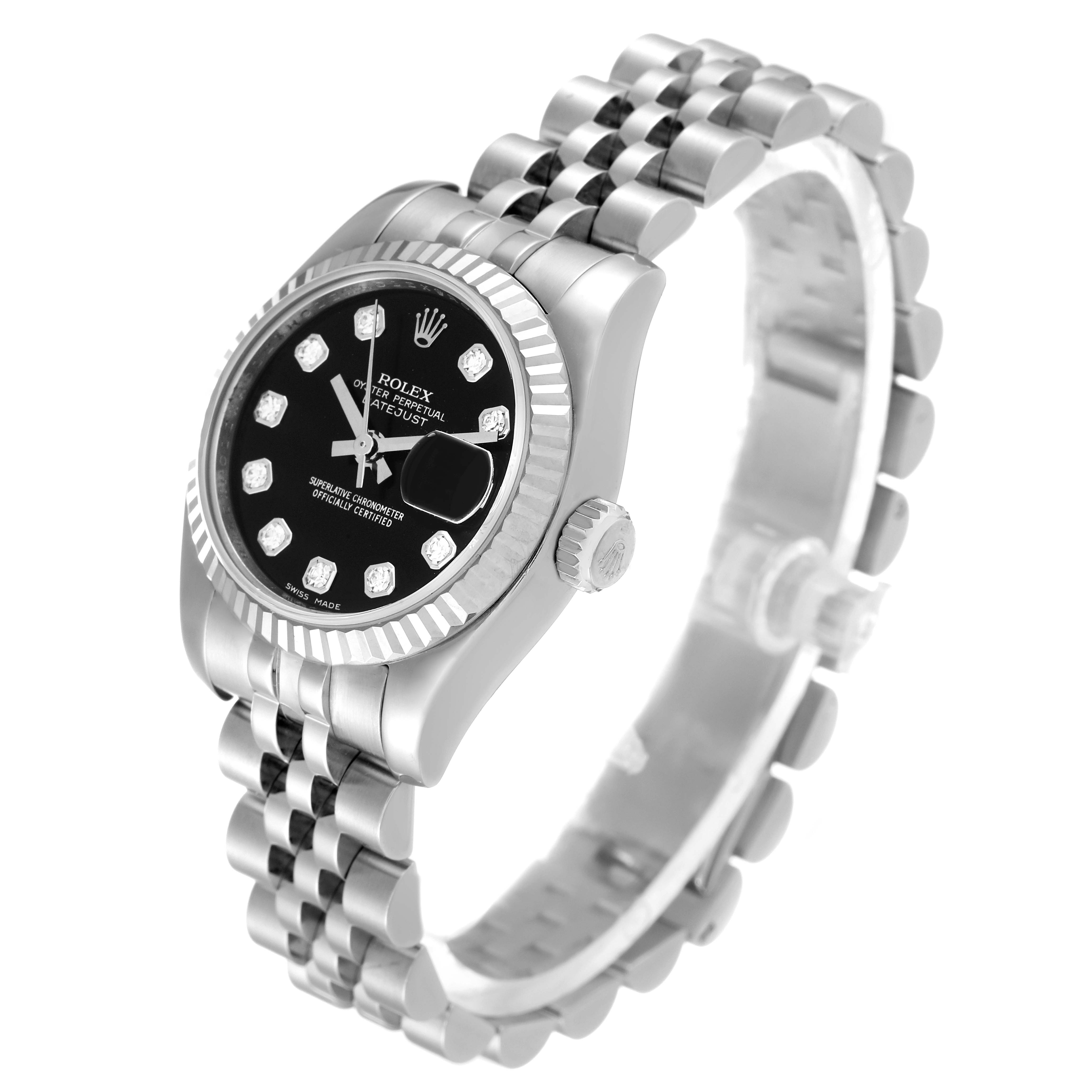The Rolex Datejust 179174 Women's Stainless Steel Black Dial 179174 Women's Stainless Steel Black Dial model watch is shown from a front-side angle, highlighting its black dial, silver case, and oyster bracelet.