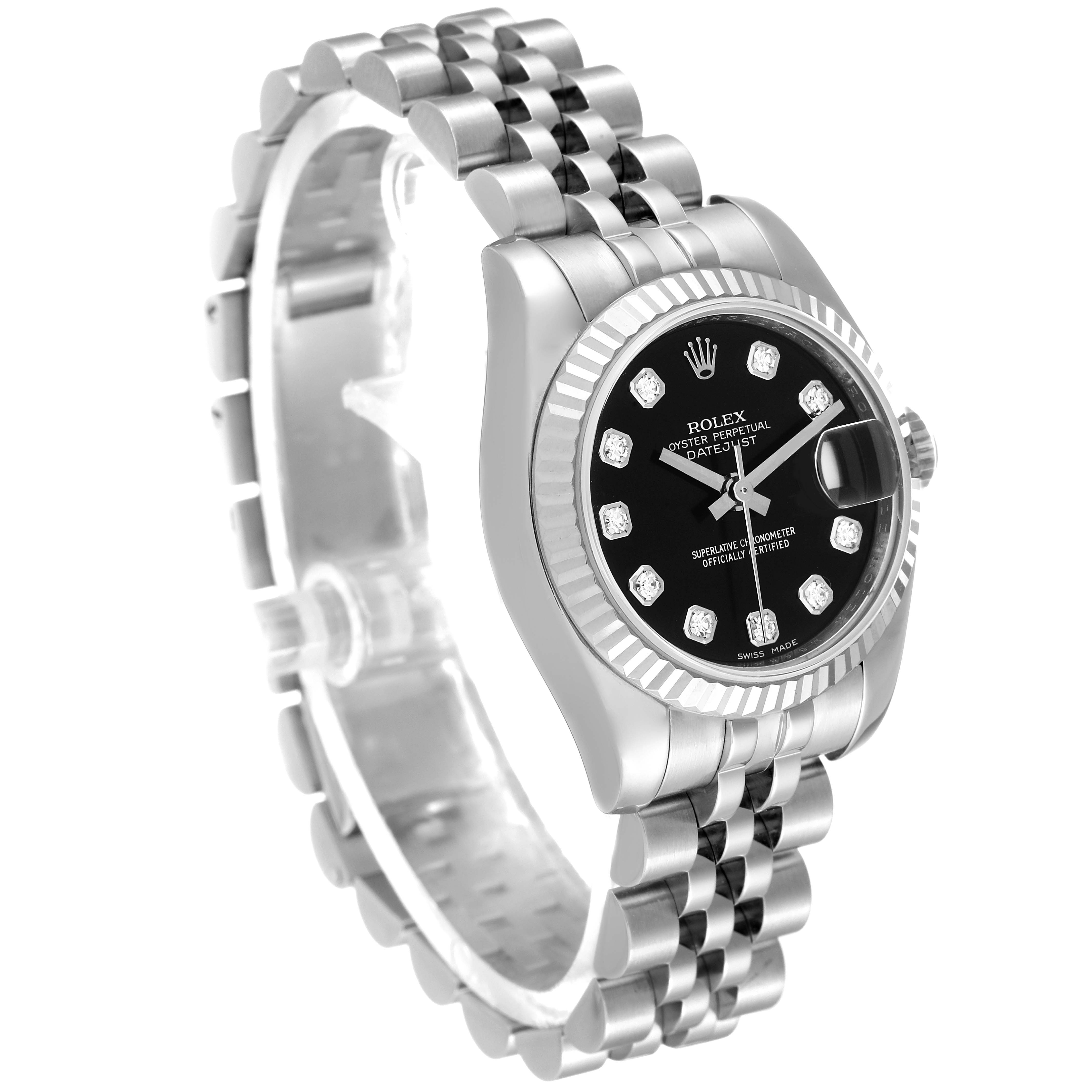 The Rolex Datejust 179174 Women's Stainless Steel Black Dial 179174 Women's Stainless Steel Black Dial watch is shown at a front-left angle, displaying the dial, bezel, and partially the bracelet.