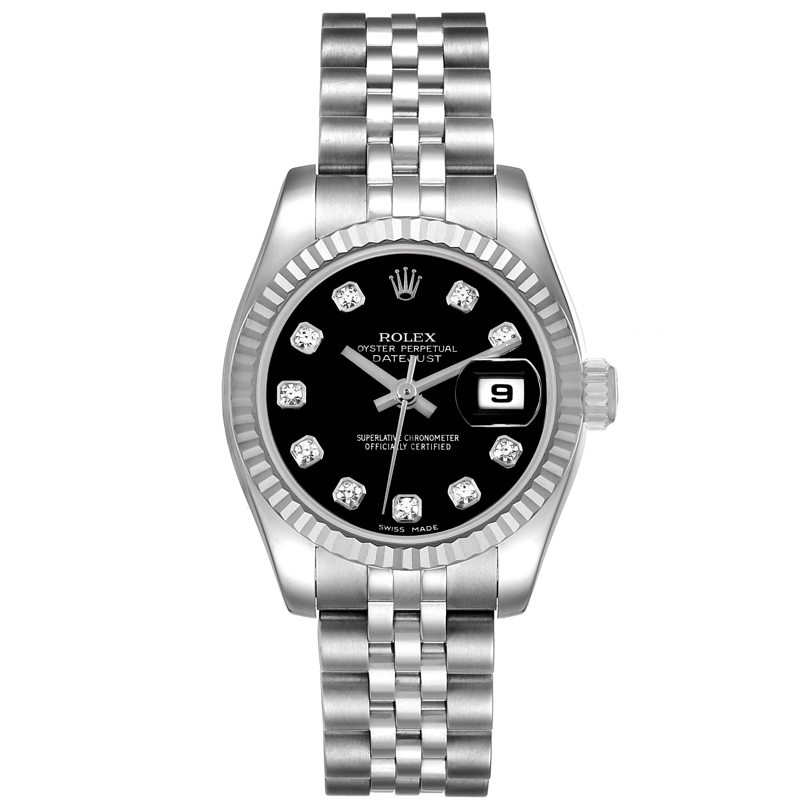 This is a front view of the Rolex Datejust 179174 Women's Stainless Steel Black Dial 179174 Women's Stainless Steel Black Dial watch, showing the dial, hands, bezel, and bracelet.