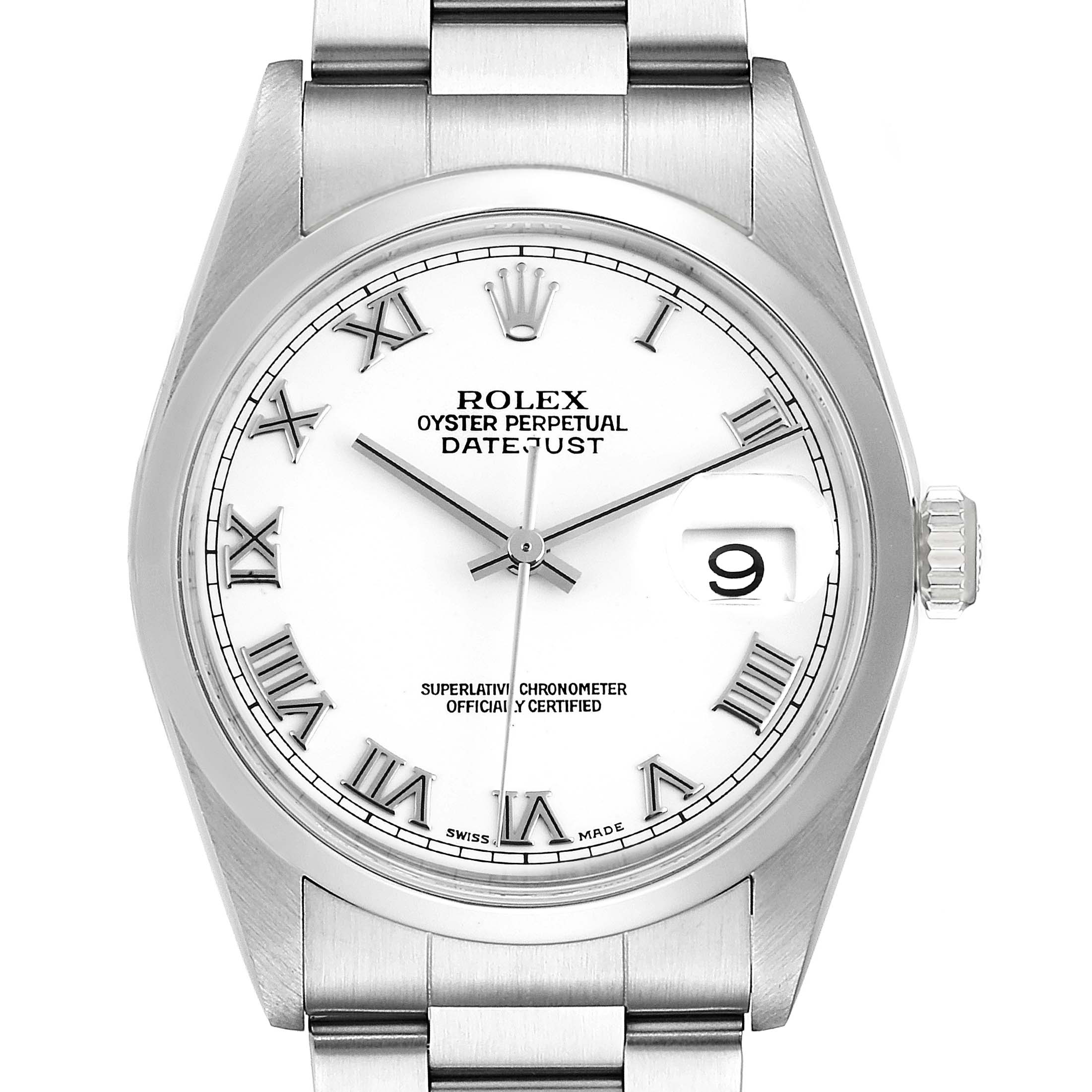 The image shows a front view of a Rolex Datejust 16200 Men's Stainless Steel White Dial 16200 Men's Stainless Steel White Dial watch, displaying its face, bezel, and part of the bracelet.