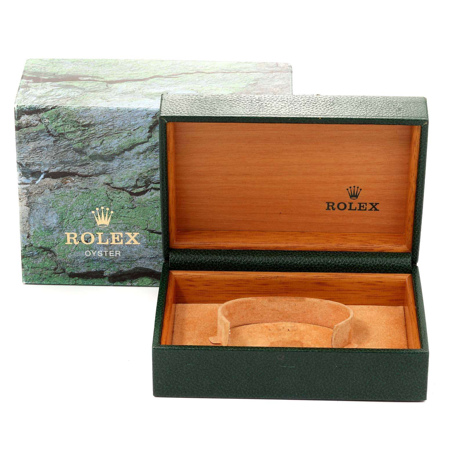 This image shows an open Rolex Datejust 16200 Men's Stainless Steel White Dial 16200 Men's Stainless Steel White Dial watch box with a green exterior, wood interior, and the Rolex logo inside.