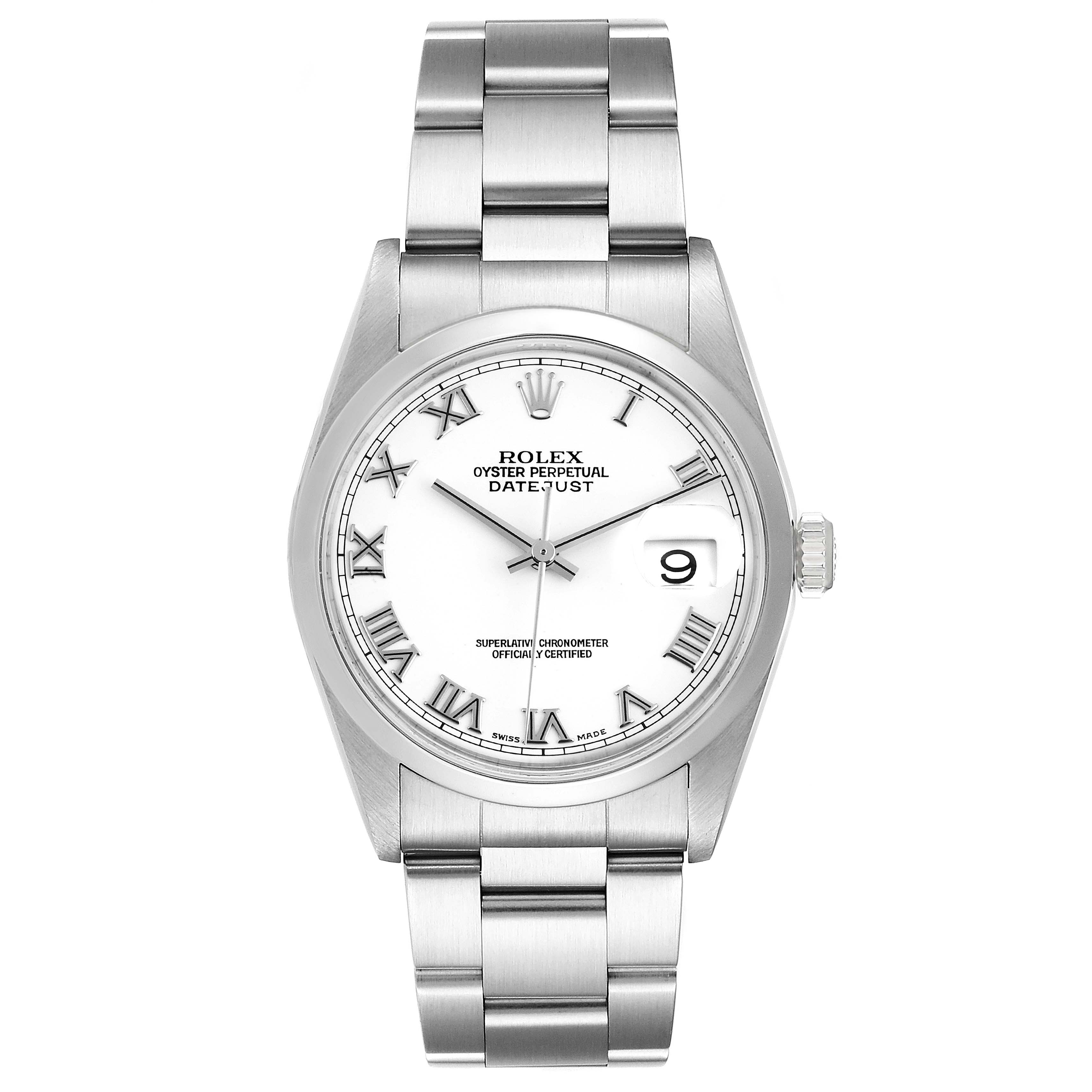 The image shows a Rolex Datejust 16200 Men's Stainless Steel White Dial 16200 Men's Stainless Steel White Dial watch from a straight-on angle, displaying its face and stainless steel bracelet.