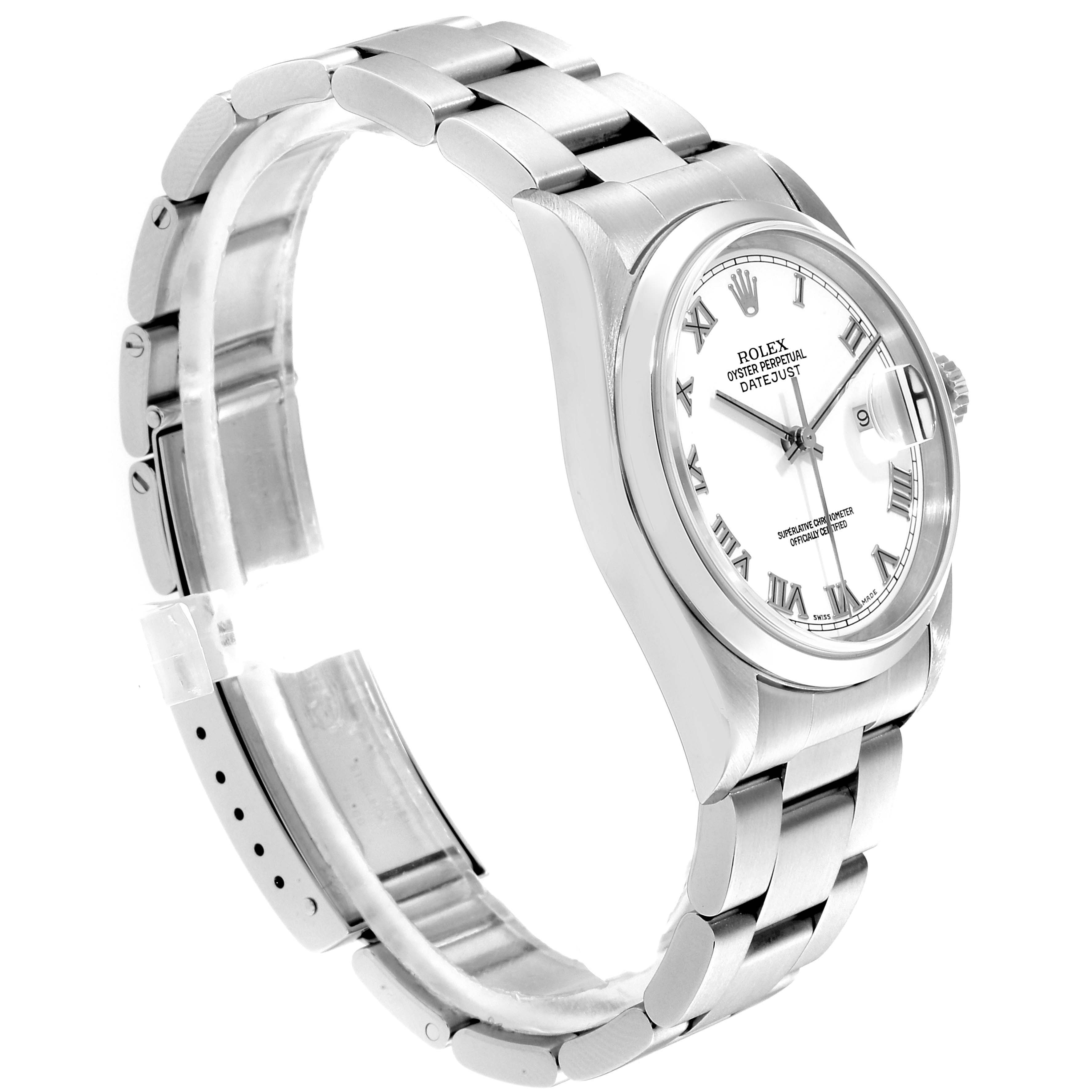 This image shows a side angle of the Rolex Datejust 16200 Men's Stainless Steel White Dial 16200 Men's Stainless Steel White Dial watch, highlighting the bezel, dial, bracelet, and clasp.