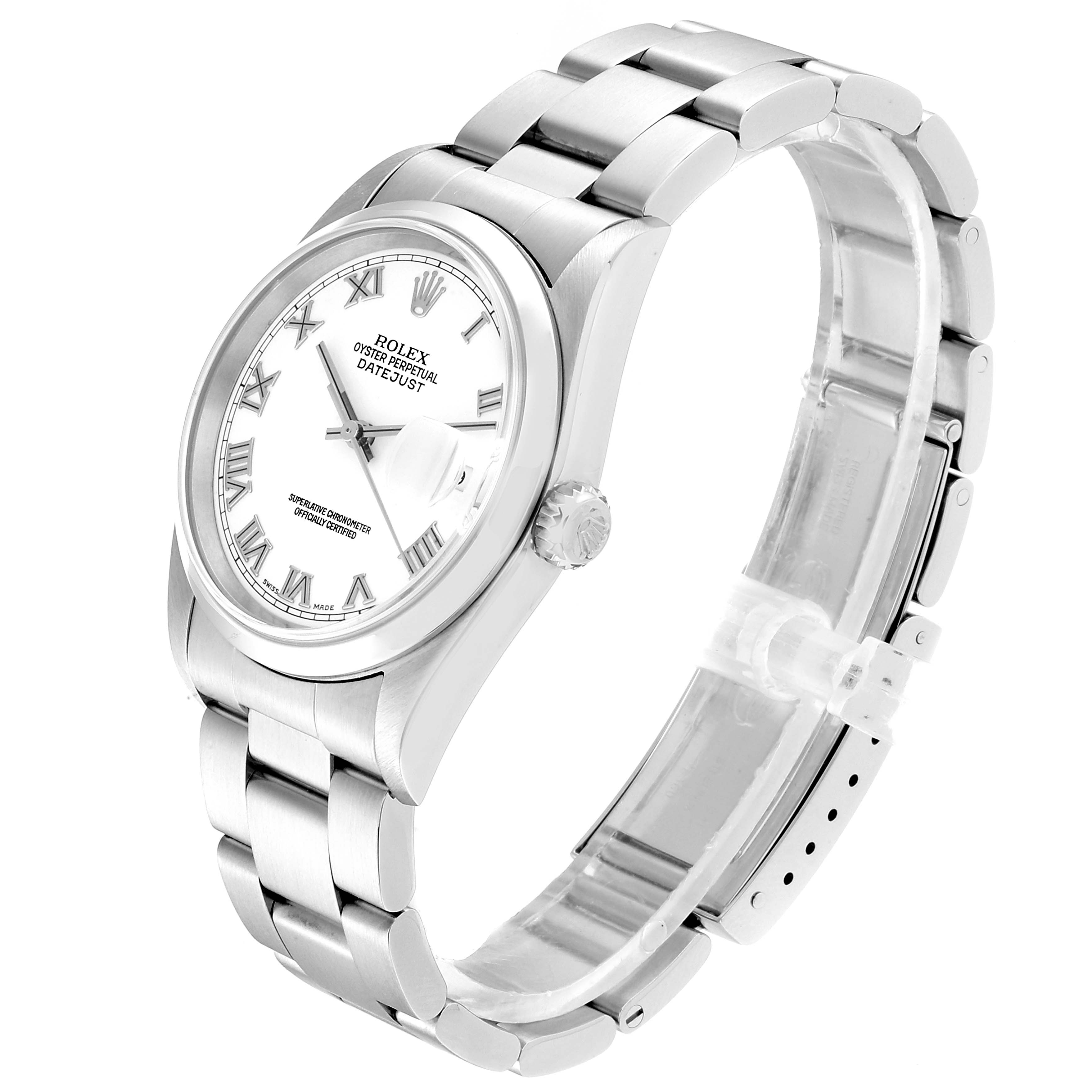 The image shows a Rolex Datejust 16200 Men's Stainless Steel White Dial 16200 Men's Stainless Steel White Dial watch from a three-quarter angle, displaying the dial, bracelet, and clasp.