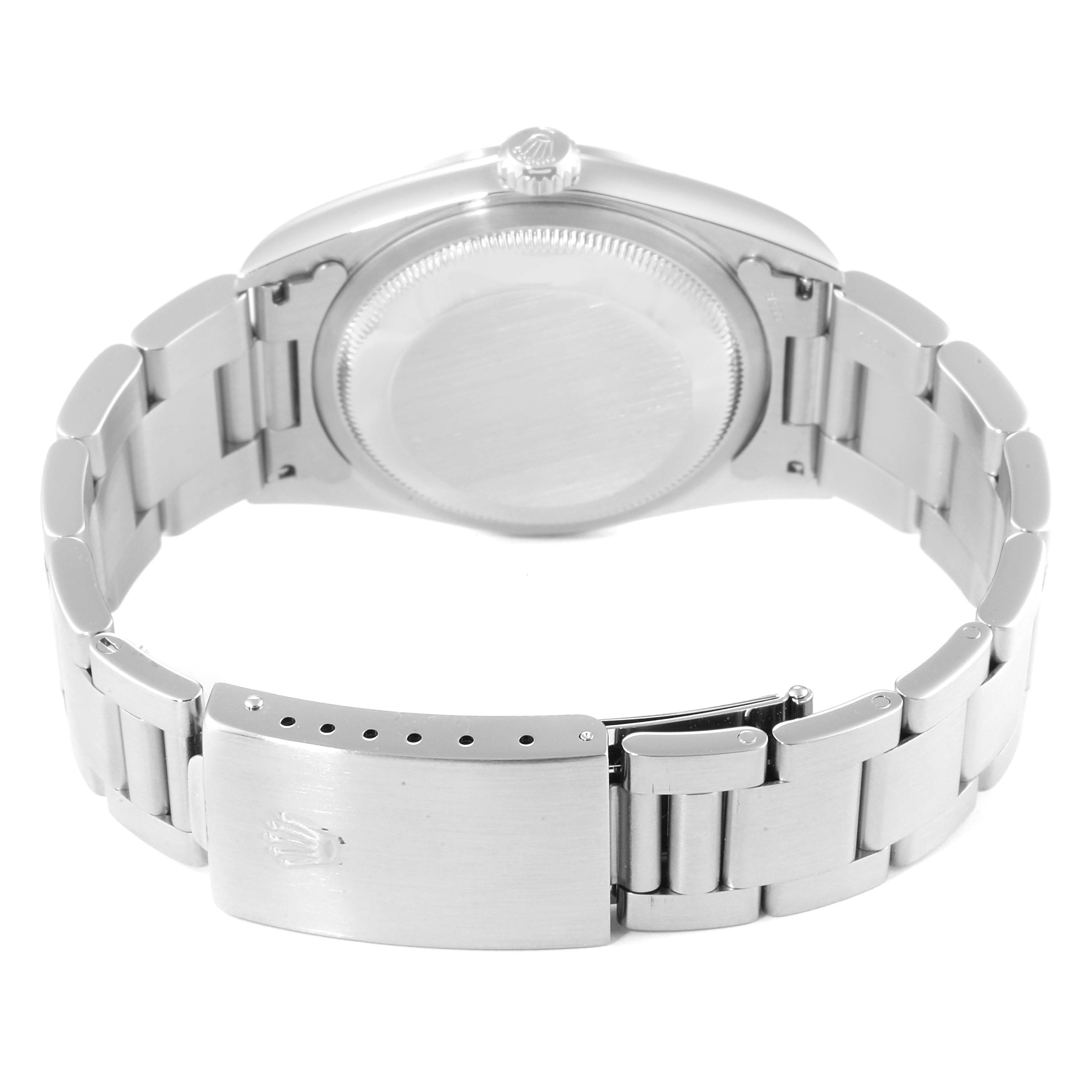 The image shows the back of a Rolex Datejust 16200 Men's Stainless Steel White Dial 16200 Men's Stainless Steel White Dial watch, highlighting the bracelet and clasp.