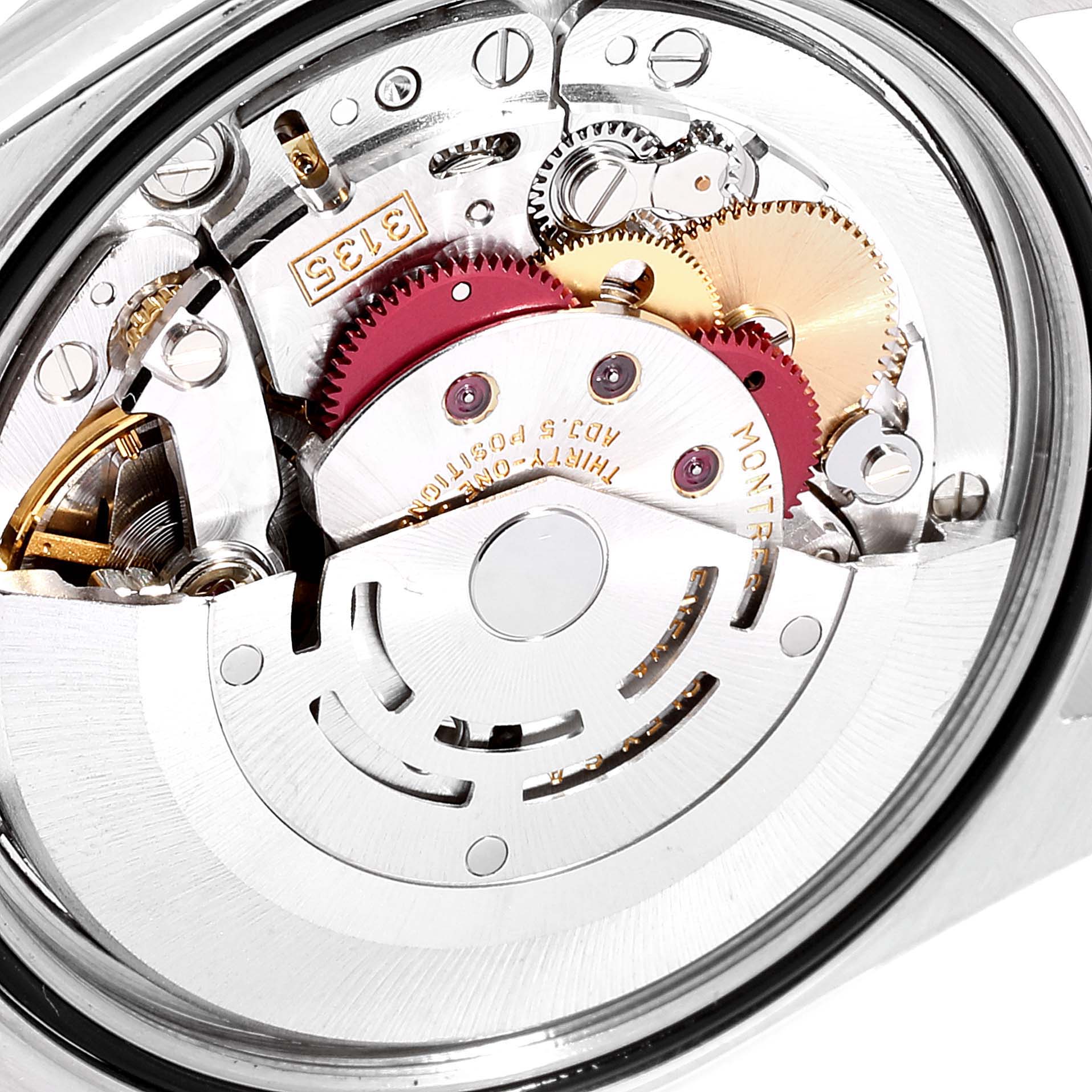 The image shows the exposed movement parts of a Rolex Datejust 16200 Men's Stainless Steel White Dial 16200 Men's Stainless Steel White Dial watch from an angle that highlights the intricate mechanisms.