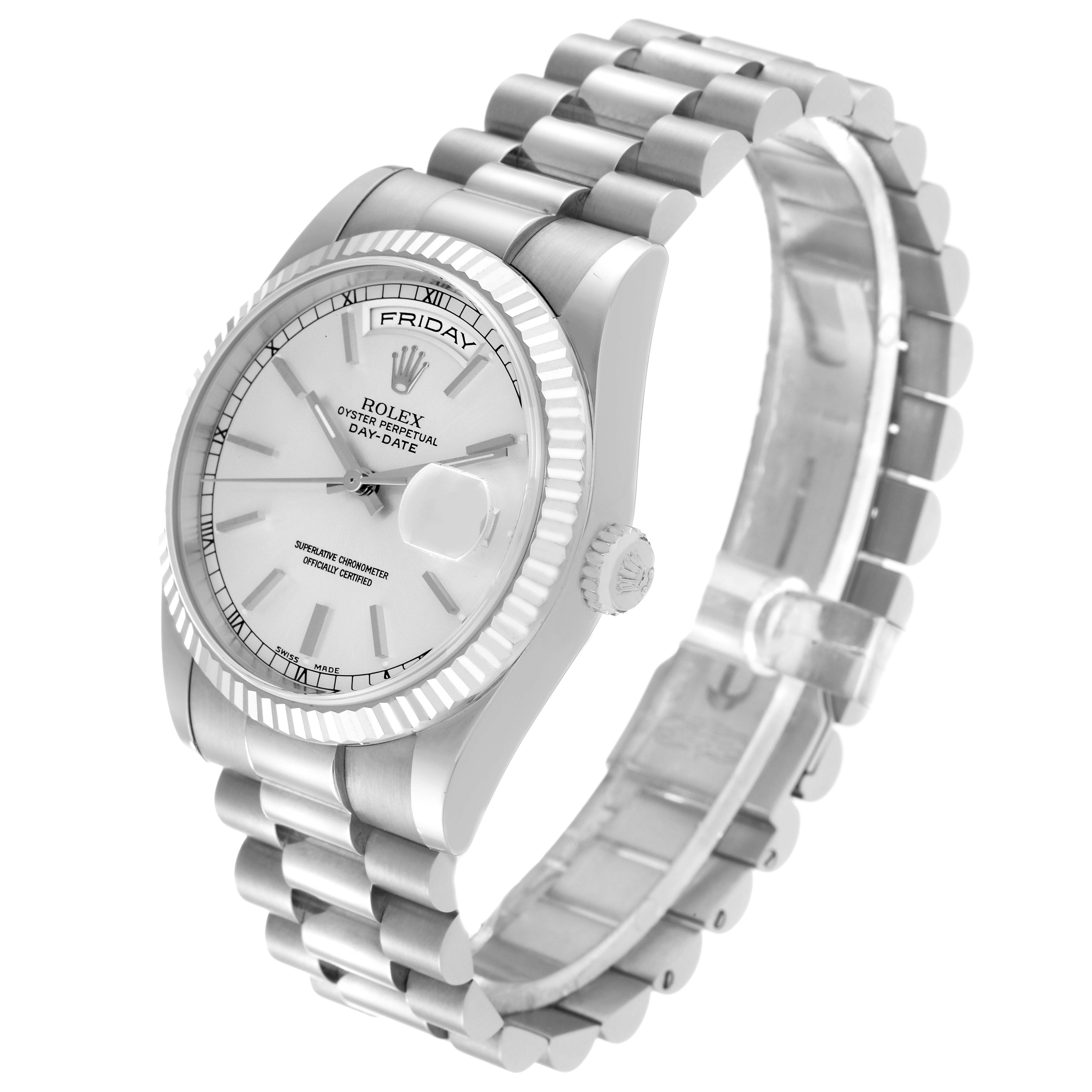 The image shows an angled view of the Rolex President 118239 Men's White Gold Silver Dial 118239 Men's White Gold Silver Dial model watch, highlighting the face, day-date feature, crown, and bracelet.
