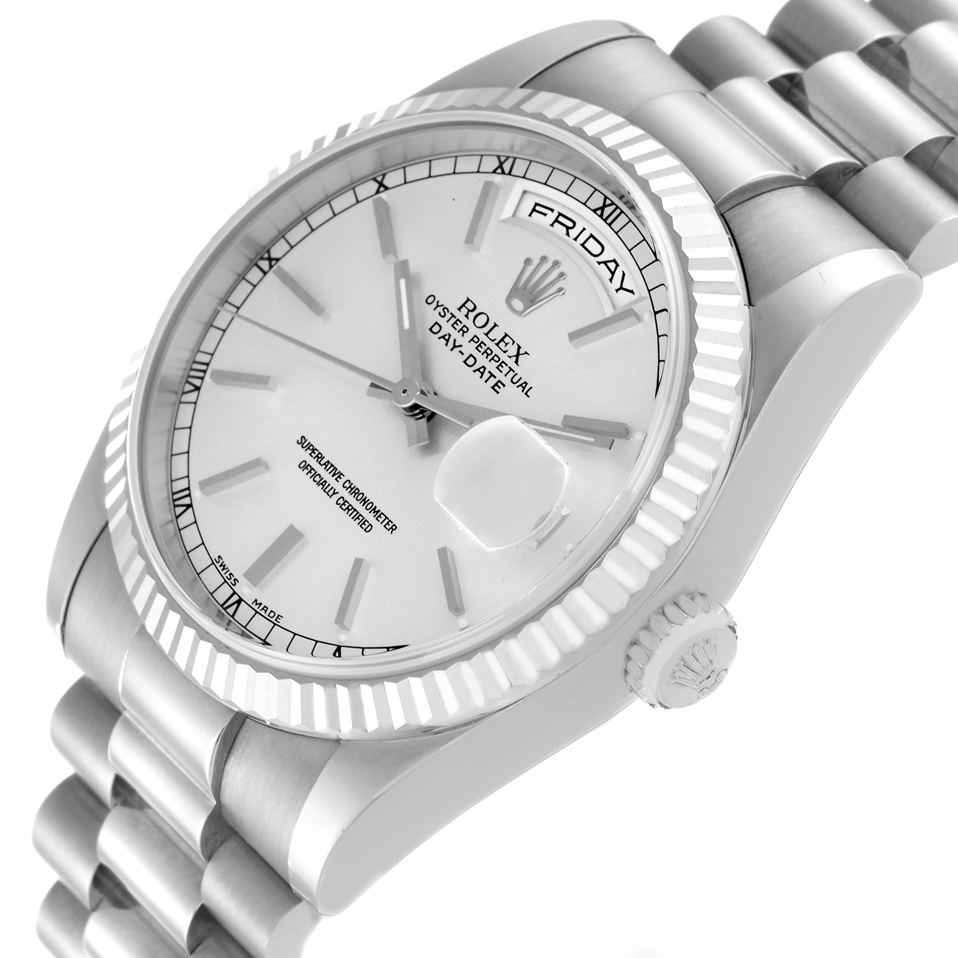 The image shows a side angle of a Rolex President 118239 Men's White Gold Silver Dial 118239 Men's White Gold Silver Dial model watch, highlighting the face, bezel, and part of the bracelet.
