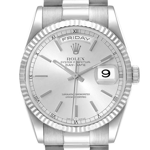 Photo of Rolex Day Date 36mm President White Gold Silver Dial Watch 118239 Box Papers +1 Extra link