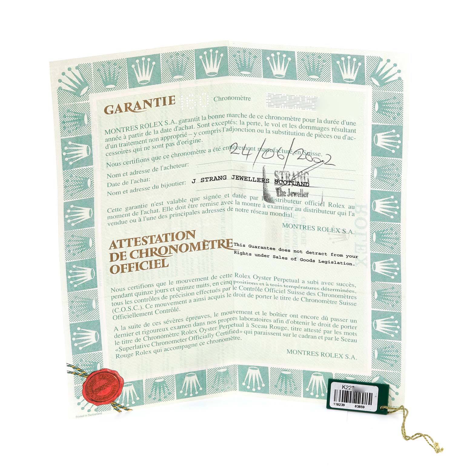 The image shows the warranty and chronometer certification paperwork for the Rolex President 118239 Men's White Gold Silver Dial 118239 Men's White Gold Silver Dial model.