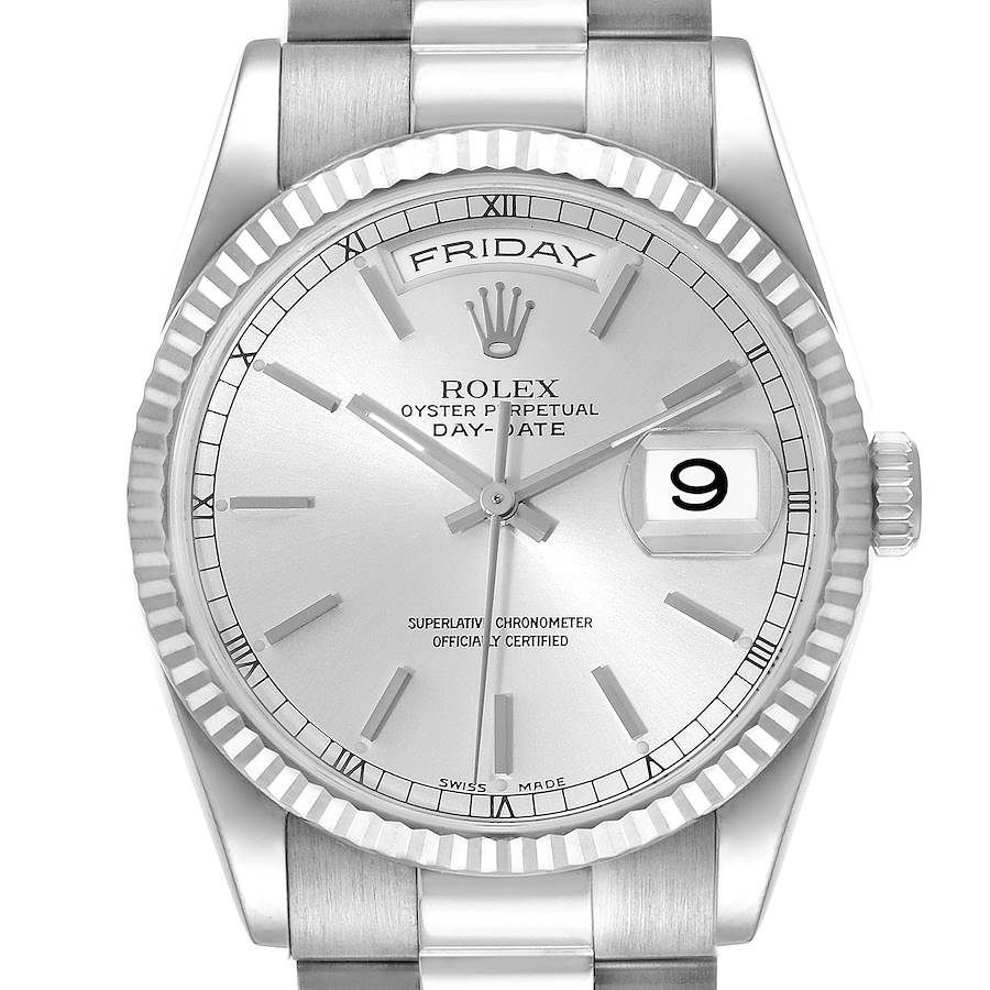Rolex Day Date 36mm President White Gold Silver Dial Watch 118239 Box Papers +1 Extra link SwissWatchExpo