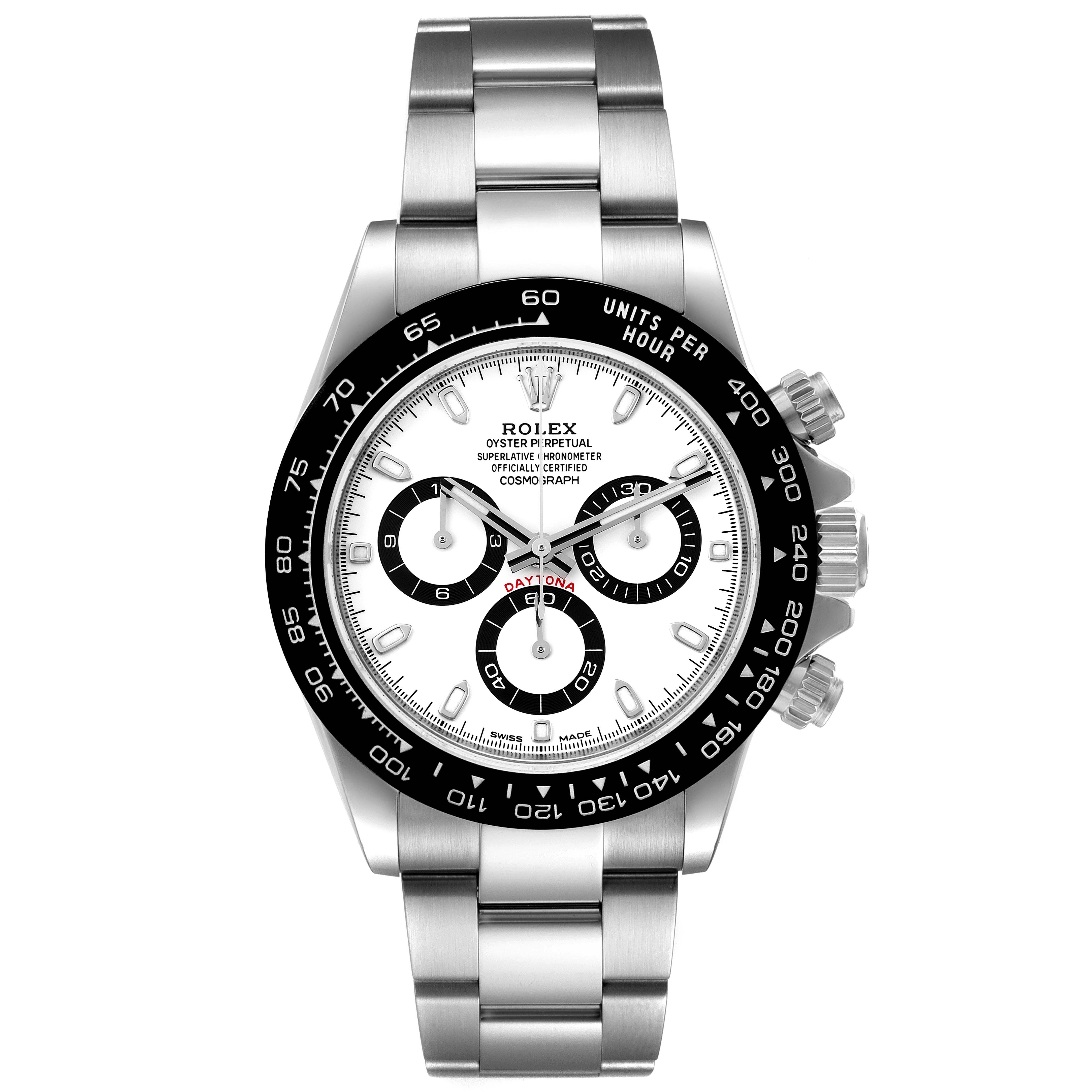The image shows a front view of a Rolex Daytona 116500 Men's Stainless Steel White Dial 116500 Men's Stainless Steel White Dial watch, highlighting the face, bezel, chronograph dials, and stainless steel bracelet.