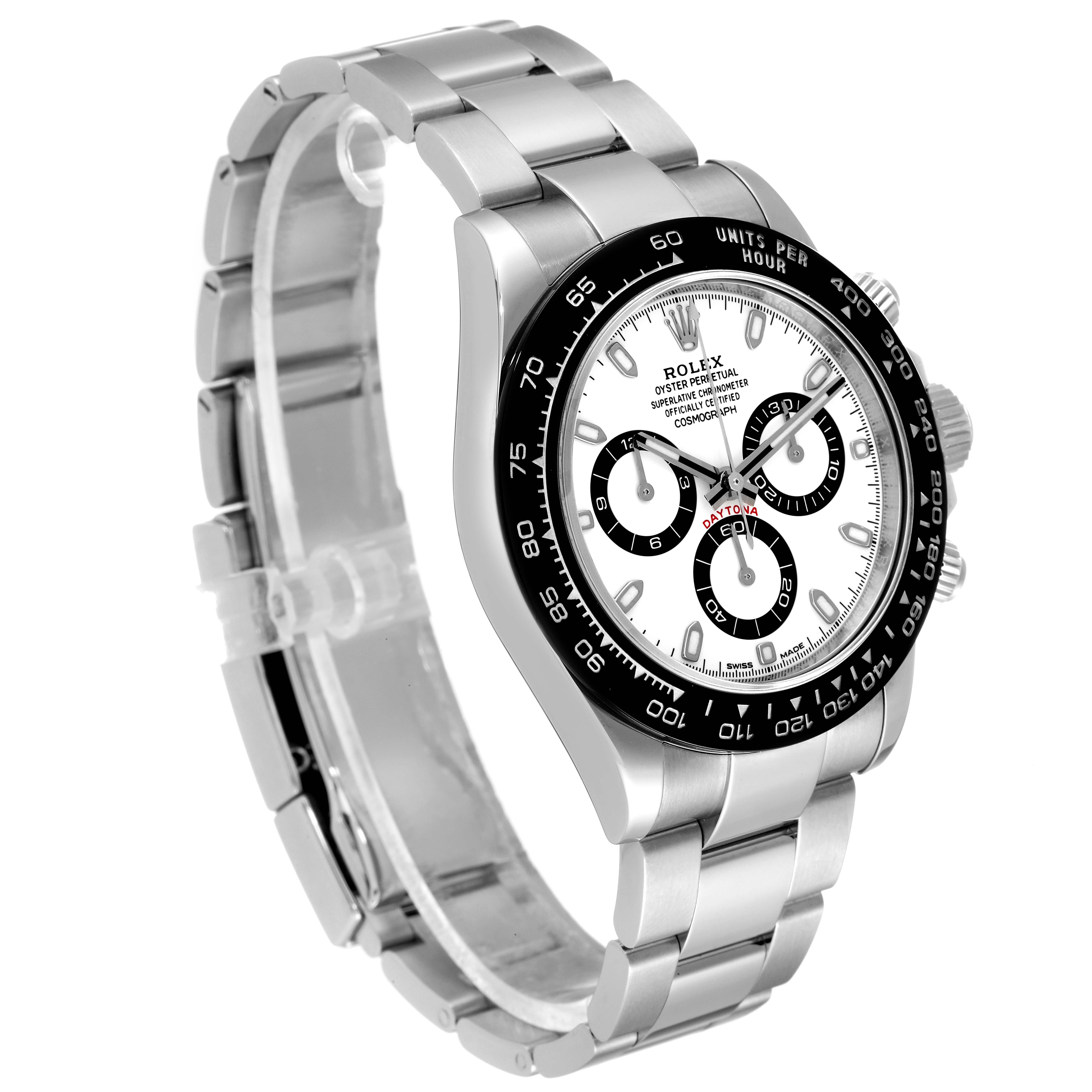 This image shows a Rolex Daytona 116500 Men's Stainless Steel White Dial 116500 Men's Stainless Steel White Dial watch angled to display its face, bezel, case, and bracelet in full view.