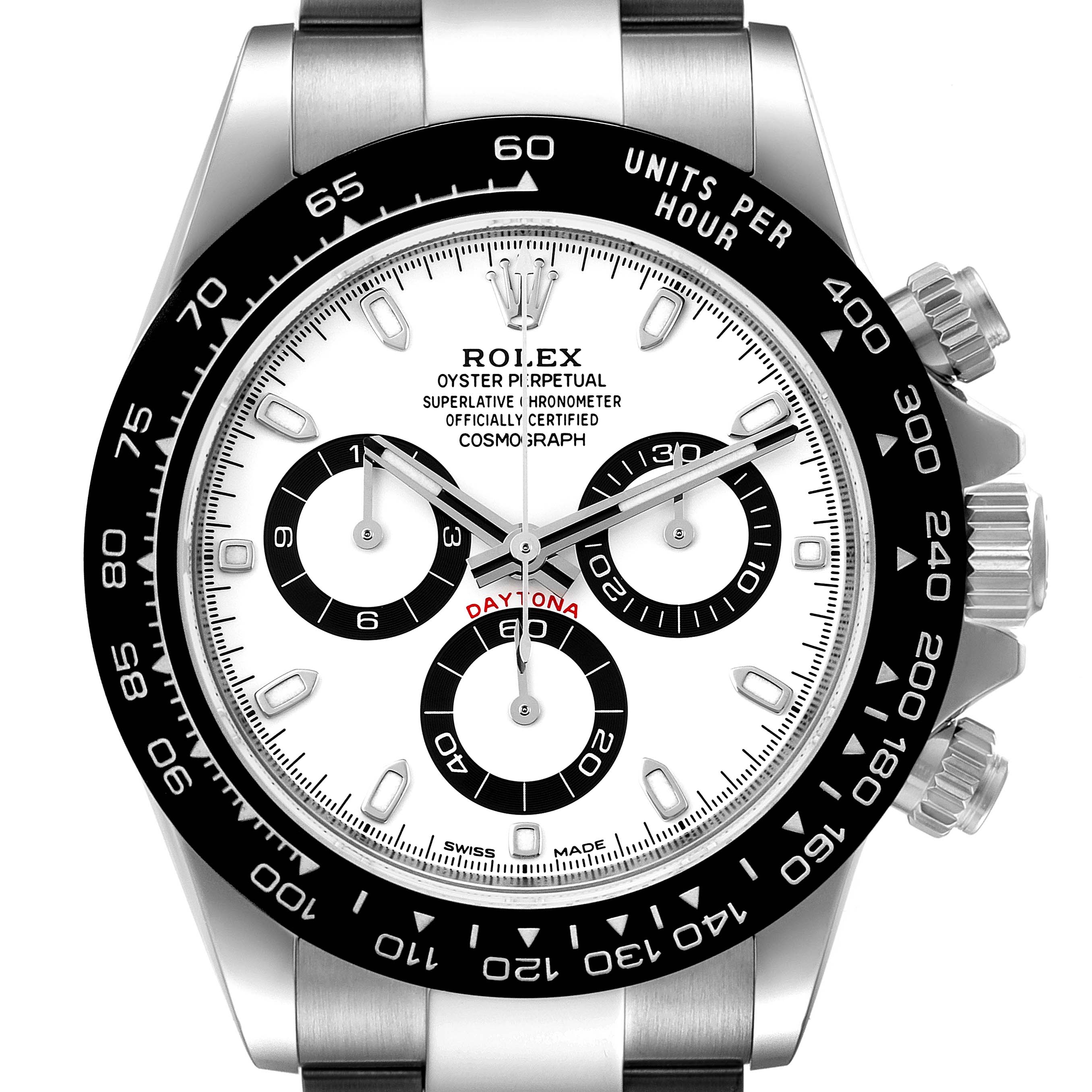 This image showcases a front view of the Rolex Daytona 116500 Men's Stainless Steel White Dial 116500 Men's Stainless Steel White Dial watch, highlighting its dial, bezel, and pushers.