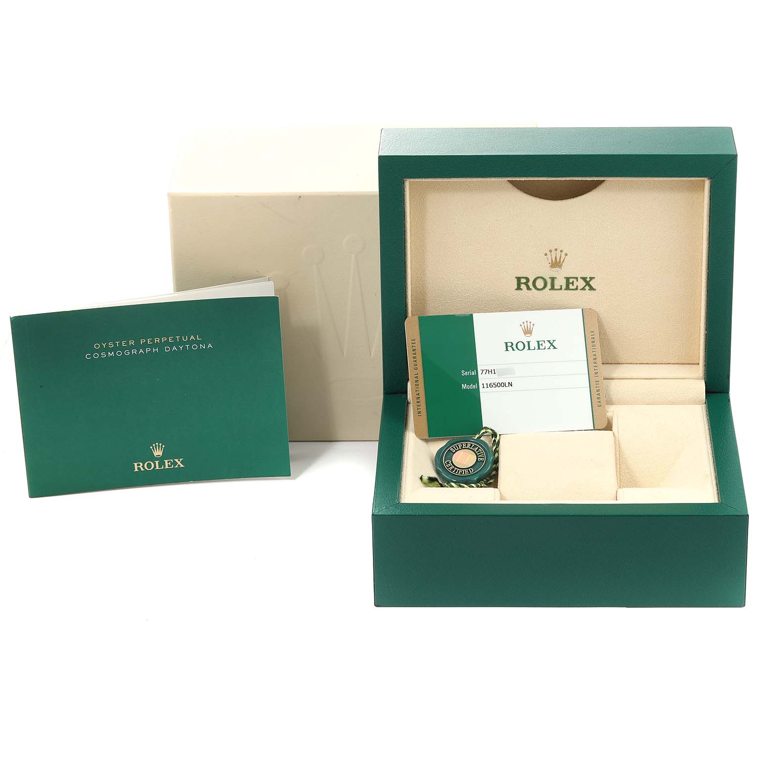 The image shows the packaging and accessories for a Rolex Daytona 116500 Men's Stainless Steel White Dial 116500 Men's Stainless Steel White Dial, including a box, booklet, and warranty card.
