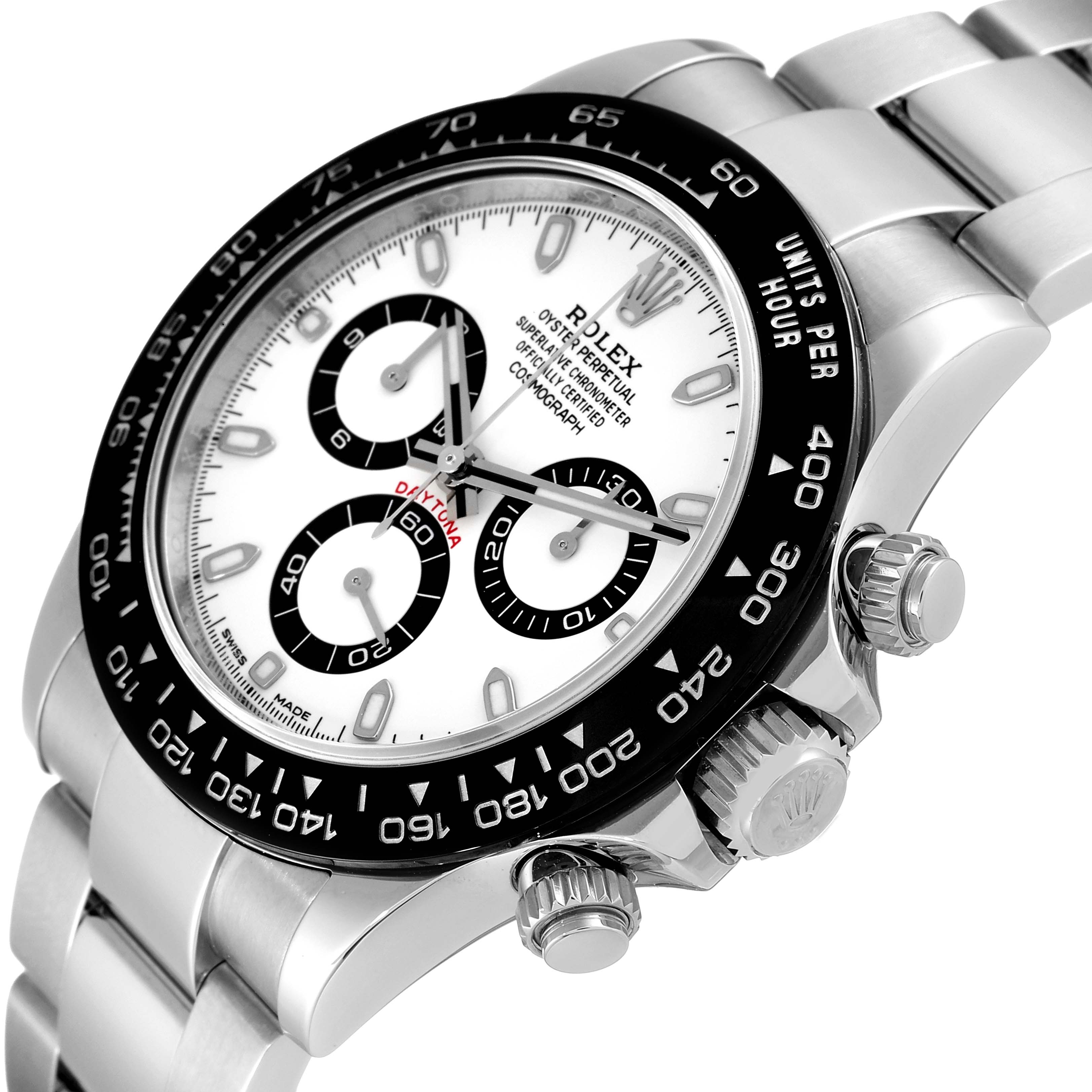 The image shows a close-up of the Rolex Daytona 116500 Men's Stainless Steel White Dial 116500 Men's Stainless Steel White Dial watch, displaying the dial, bezel, and bracelet.