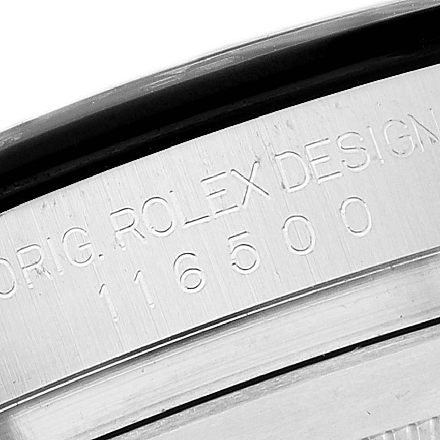 This close-up image shows the reference number engraved on the case back of a Rolex Daytona 116500 Men's Stainless Steel White Dial 116500 Men's Stainless Steel White Dial watch.