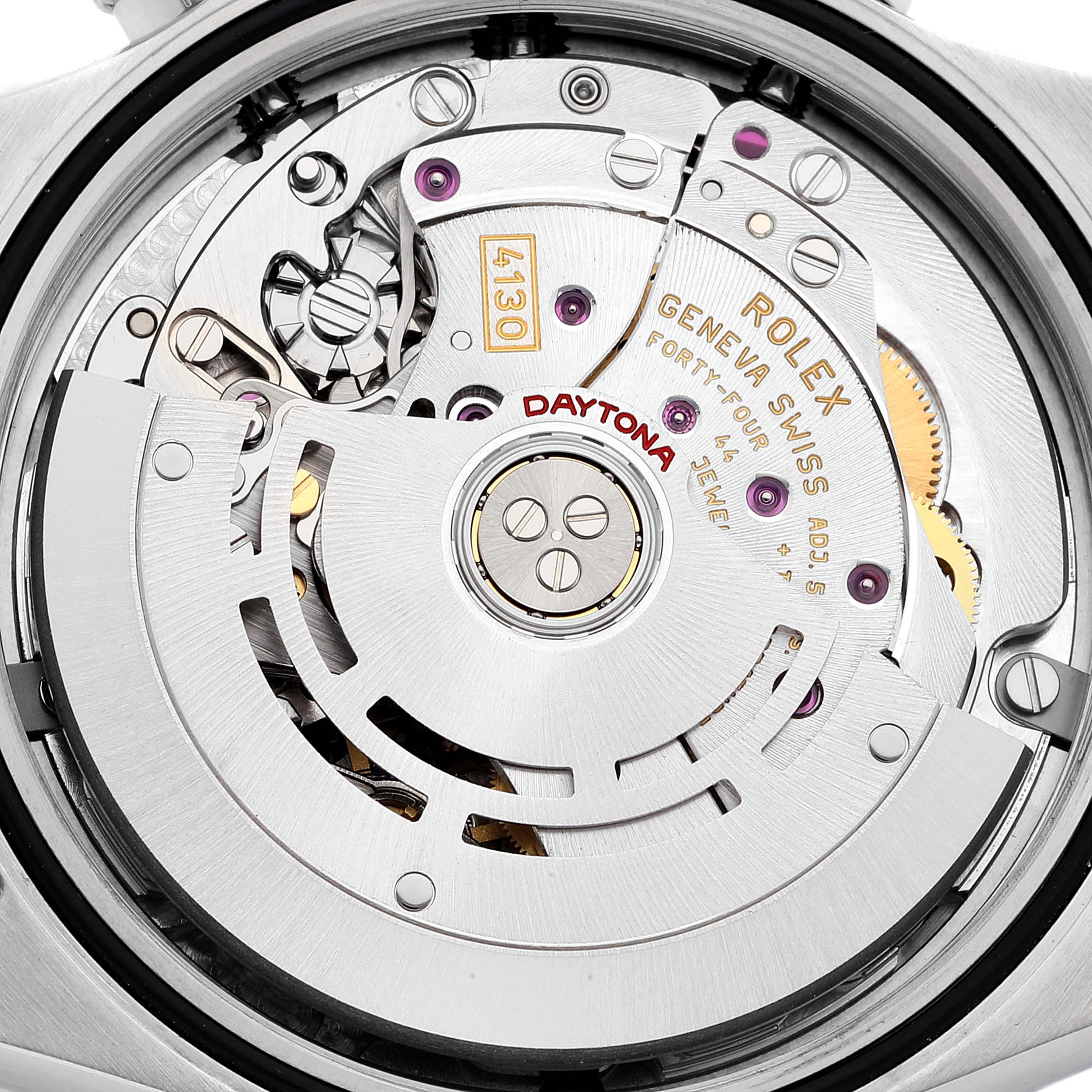 This image shows the internal movement of a Rolex Daytona 116500 Men's Stainless Steel White Dial 116500 Men's Stainless Steel White Dial watch from a rear angle, highlighting its intricate components.