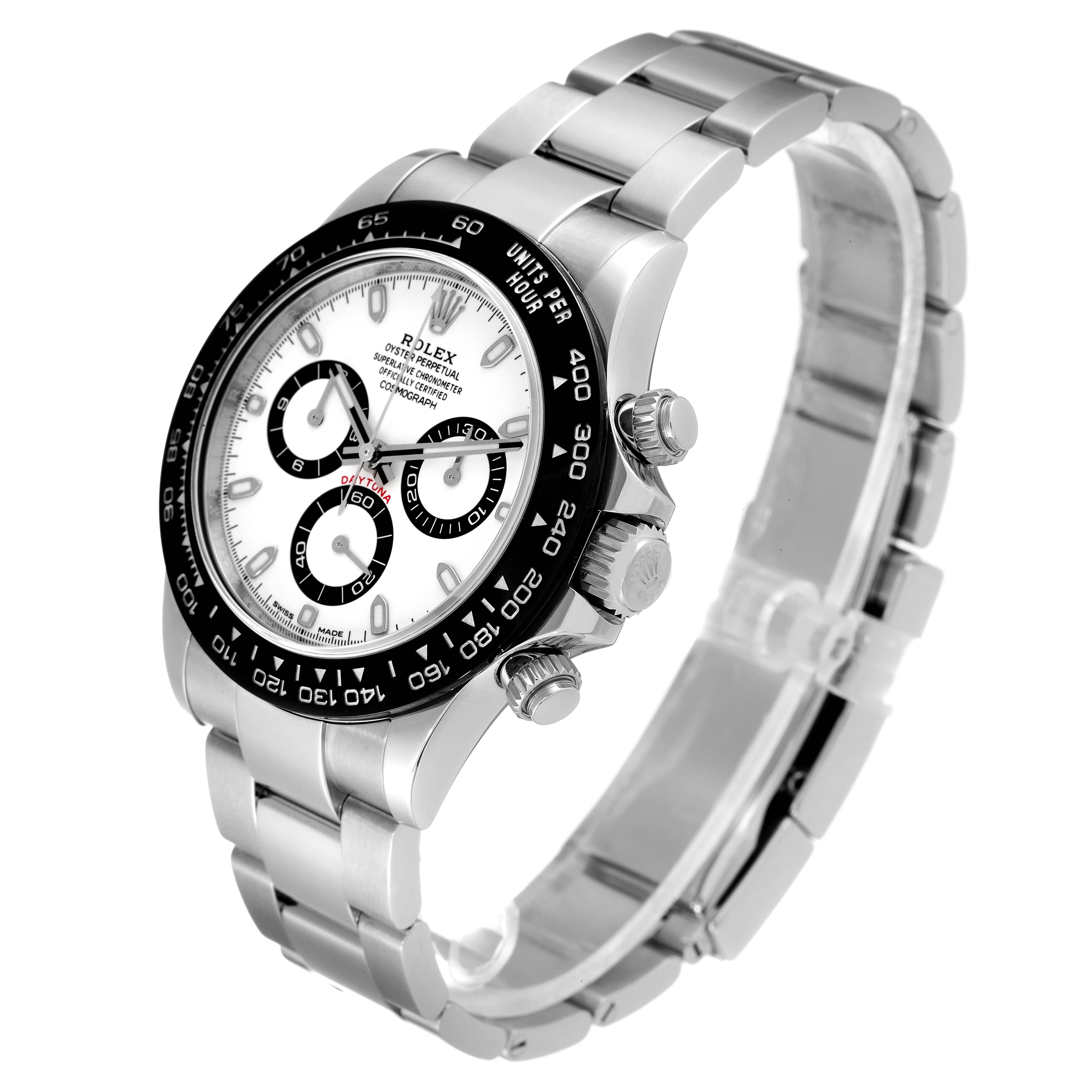 The image shows a Rolex Daytona 116500 Men's Stainless Steel White Dial 116500 Men's Stainless Steel White Dial watch angled from the front-right, highlighting its dial, bezel, and bracelet.