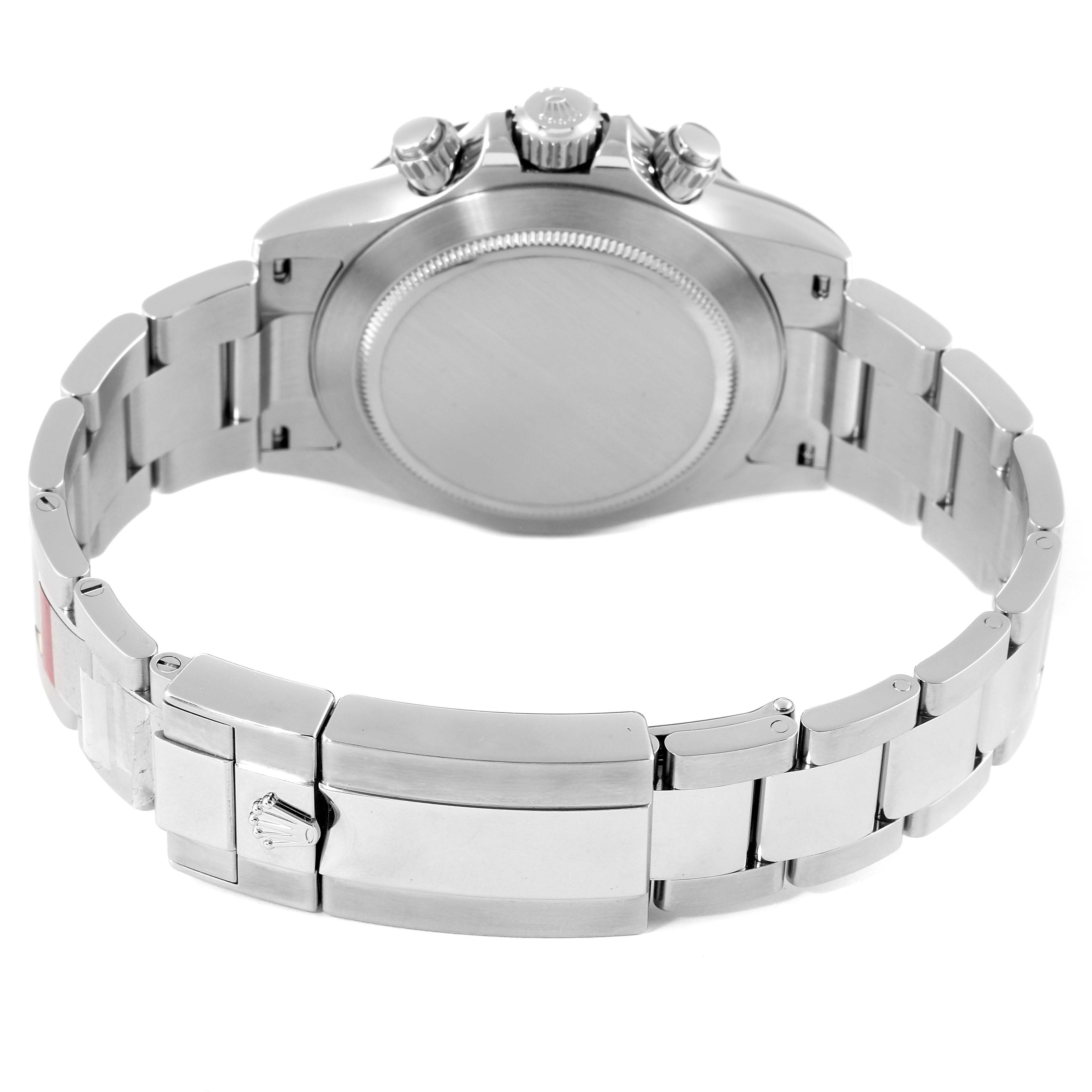 This image shows the back of a Rolex Daytona 116500 Men's Stainless Steel White Dial 116500 Men's Stainless Steel White Dial watch, highlighting the case back, bracelet, and clasp.