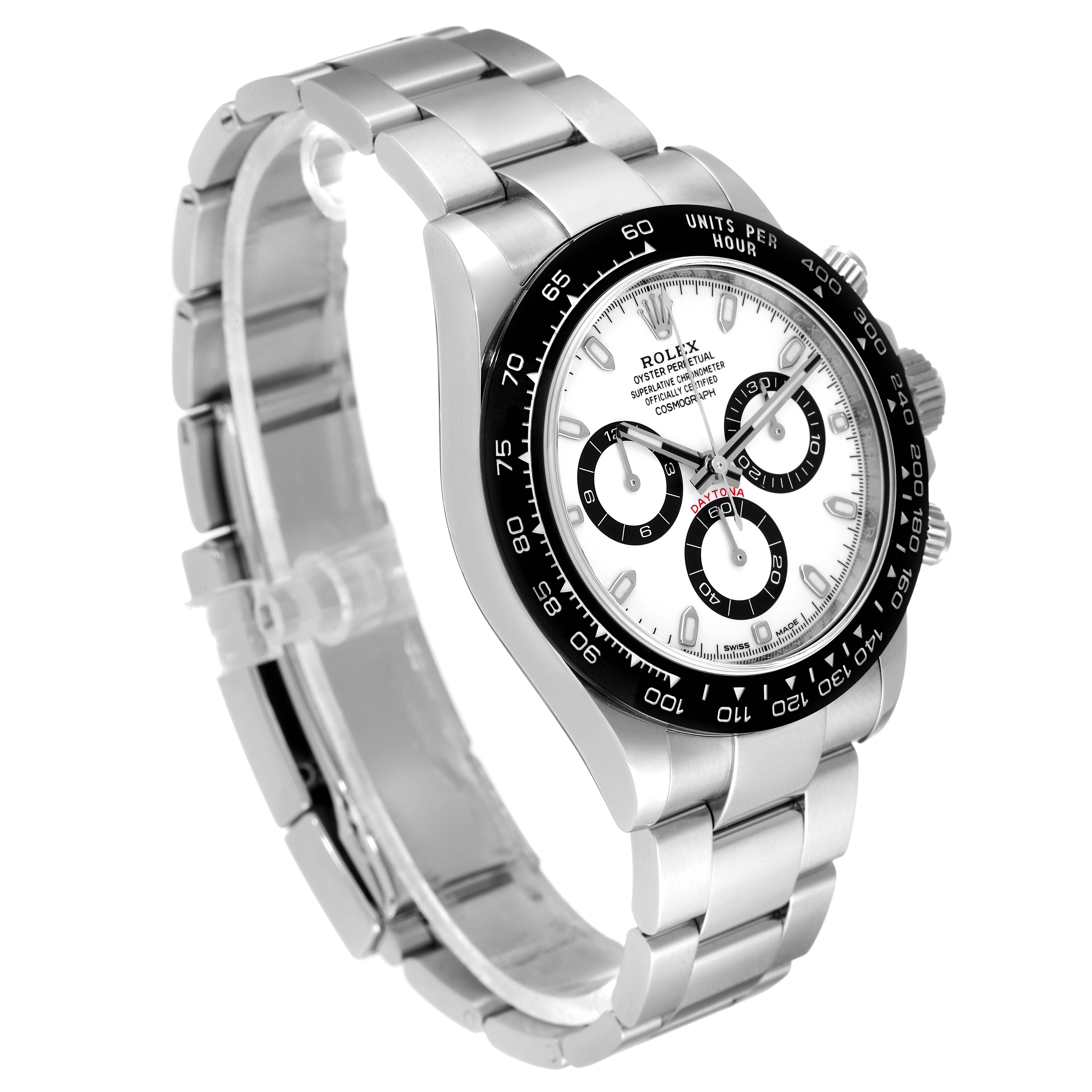 This image shows a Rolex Daytona 116500 Men's Stainless Steel White Dial 116500 Men's Stainless Steel White Dial watch angled to highlight its face, bezel, and bracelet.