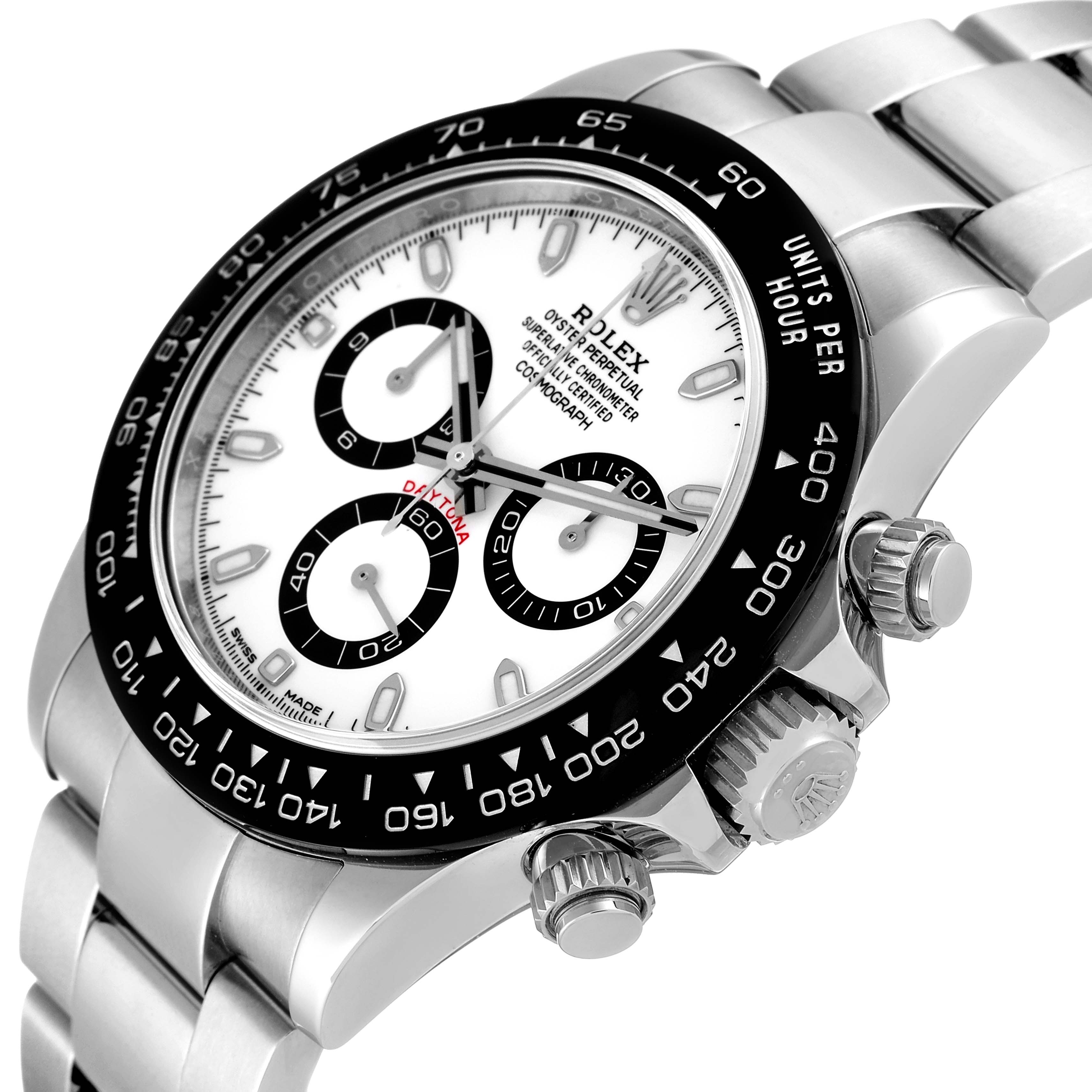 The image shows a side angle of the Rolex Daytona 116500 Men's Stainless Steel White Dial 116500 Men's Stainless Steel White Dial watch, highlighting the bezel, chronograph dials, and crown.