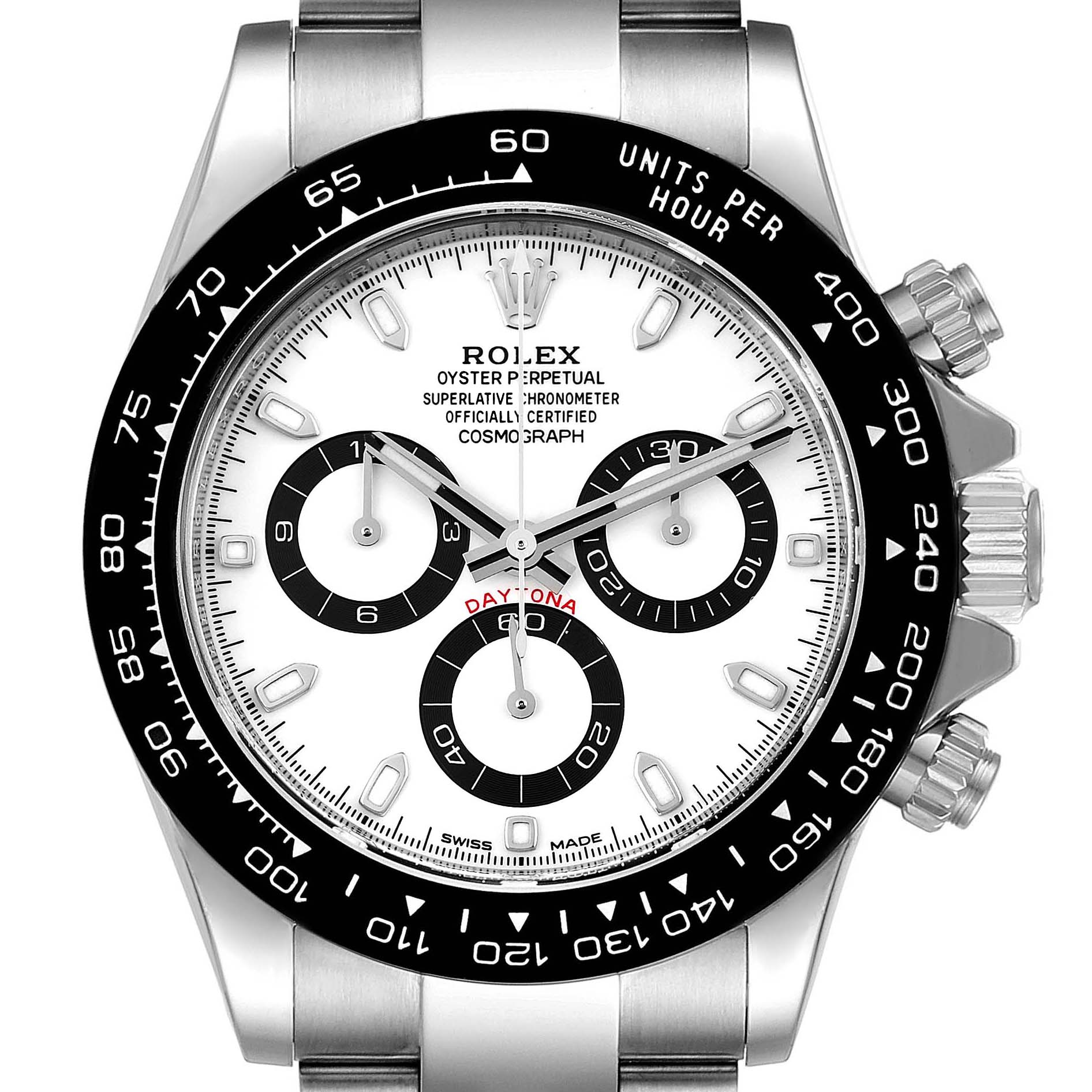 The image shows a frontal close-up view of the Rolex Daytona 116500 Men's Stainless Steel White Dial 116500 Men's Stainless Steel White Dial watch, displaying its white dial, chronograph subdials, and bezel.