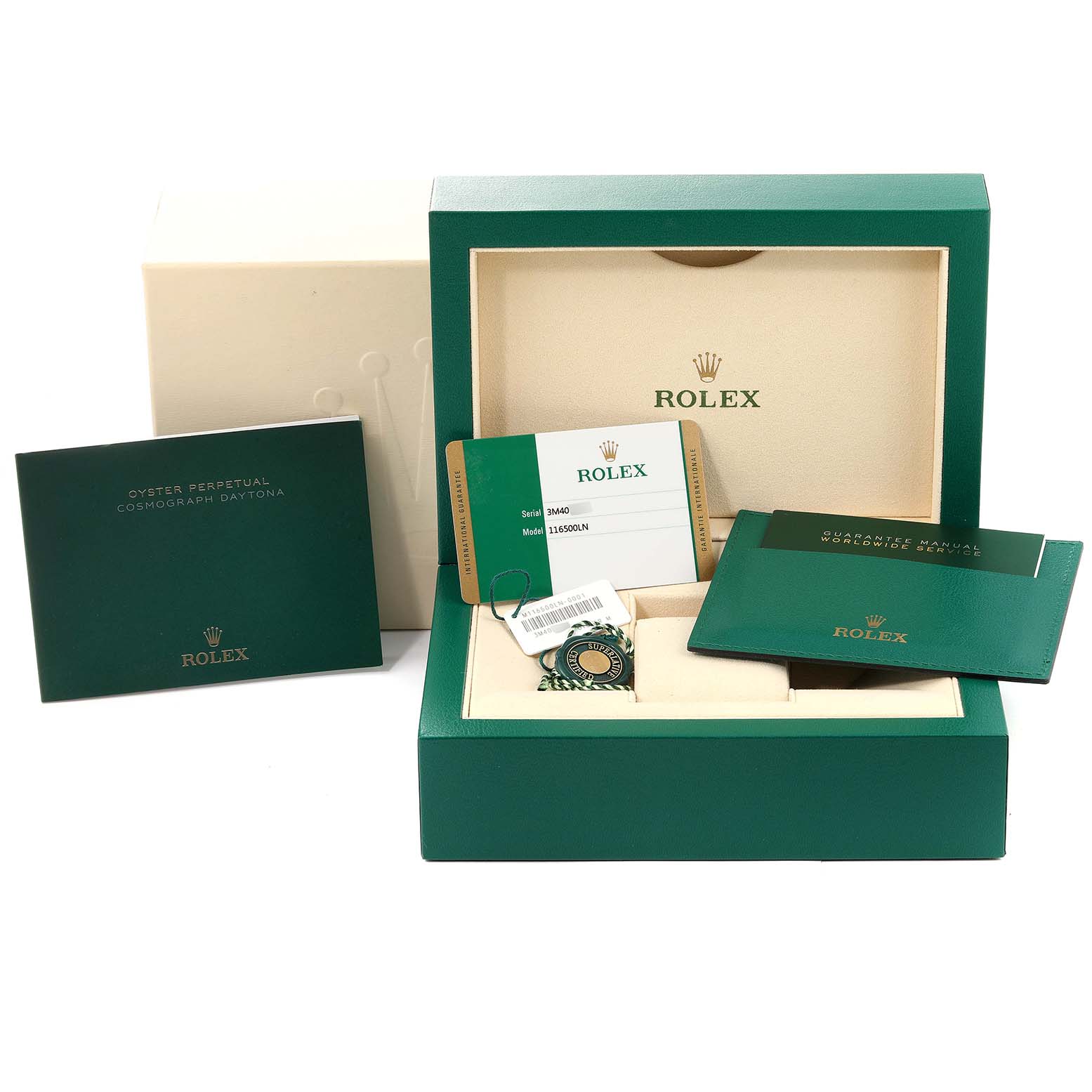 This image shows the Rolex Daytona 116500 Men's Stainless Steel White Dial 116500 Men's Stainless Steel White Dial watch's packaging, including the branded box, warranty card, tags, and manuals.
