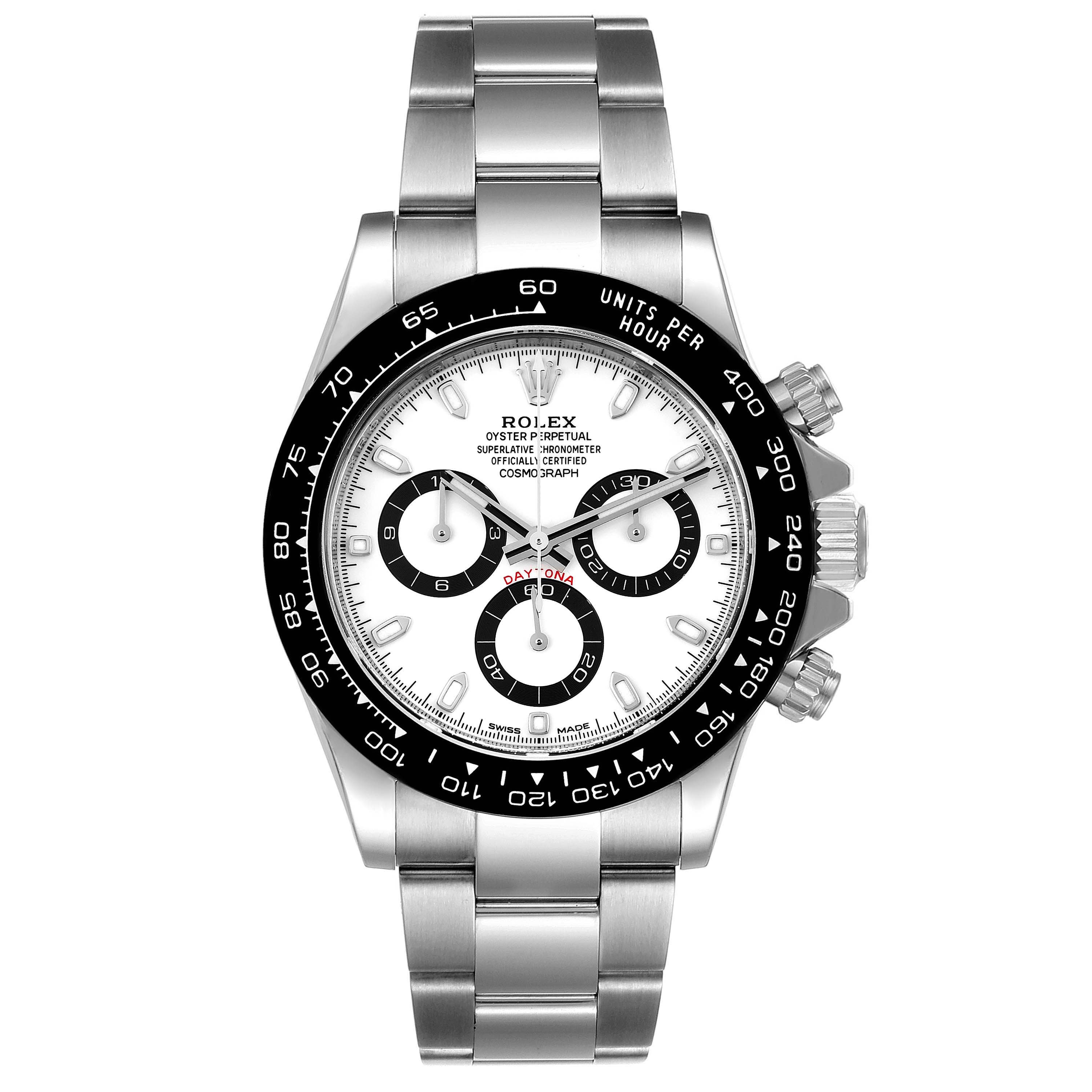 The image shows a frontal view of the Rolex Daytona 116500 Men's Stainless Steel White Dial 116500 Men's Stainless Steel White Dial watch, highlighting its face, bezel, and bracelet.