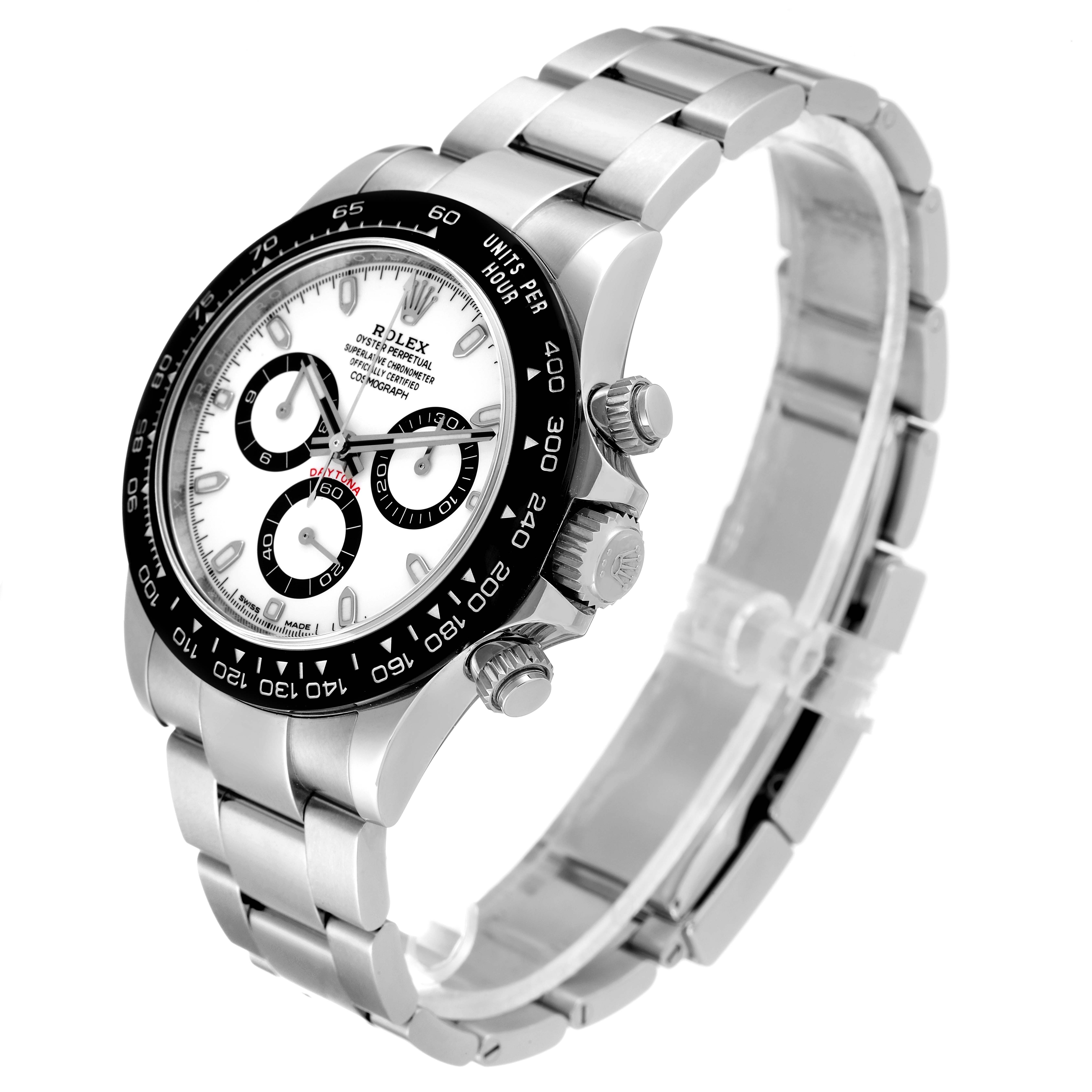 The image shows a Rolex Daytona 116500 Men's Stainless Steel White Dial 116500 Men's Stainless Steel White Dial watch at a three-quarter angle, highlighting its face, bezel, crown, and bracelet.