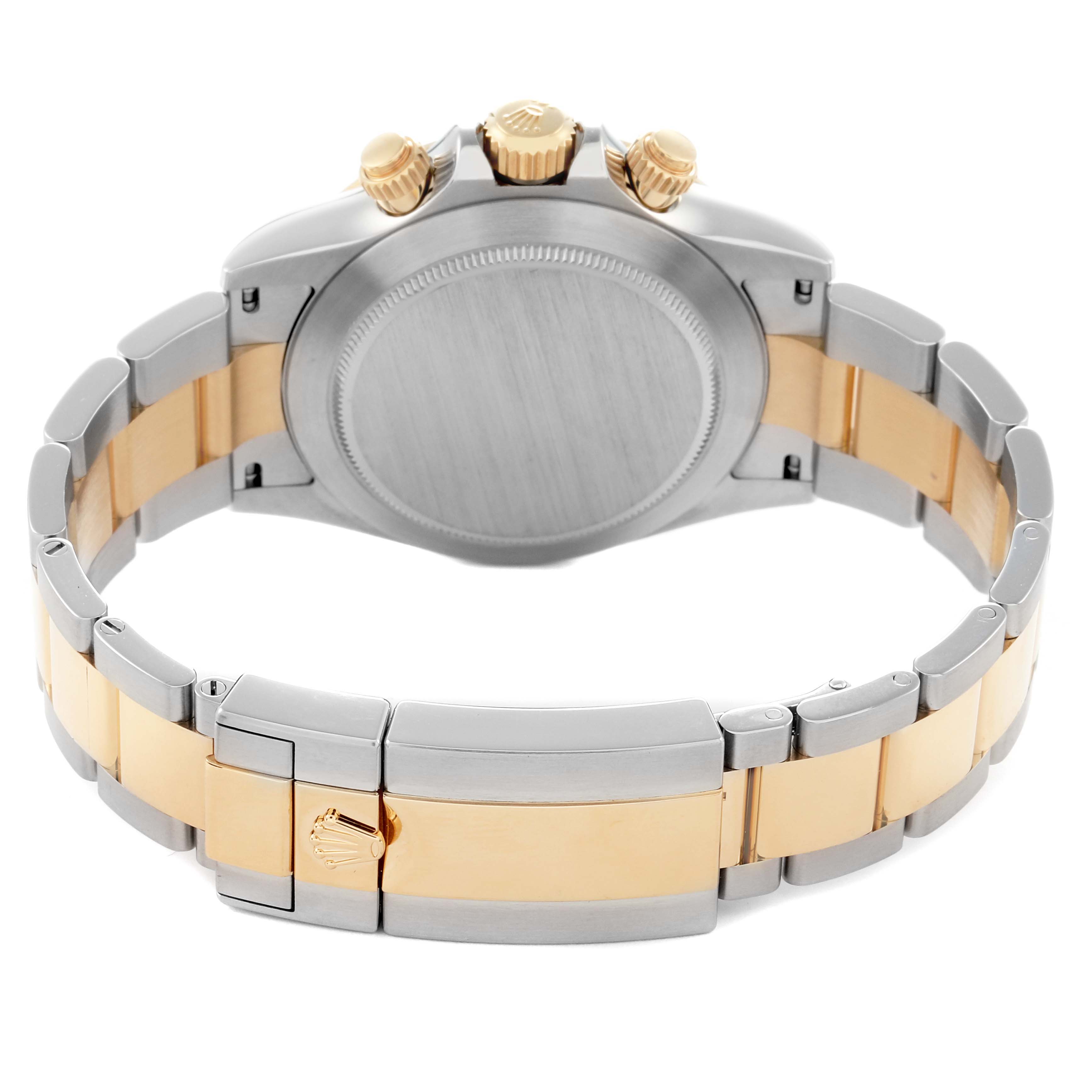 The image shows the back case, crown, and bracelet of a Rolex Daytona 116503 Men
s Steel and Gold (two tone) Mother of Pearl Dial 116503 Men
s Steel and Gold (two tone) Mother of Pearl Dial, featuring a two-tone metallic design.