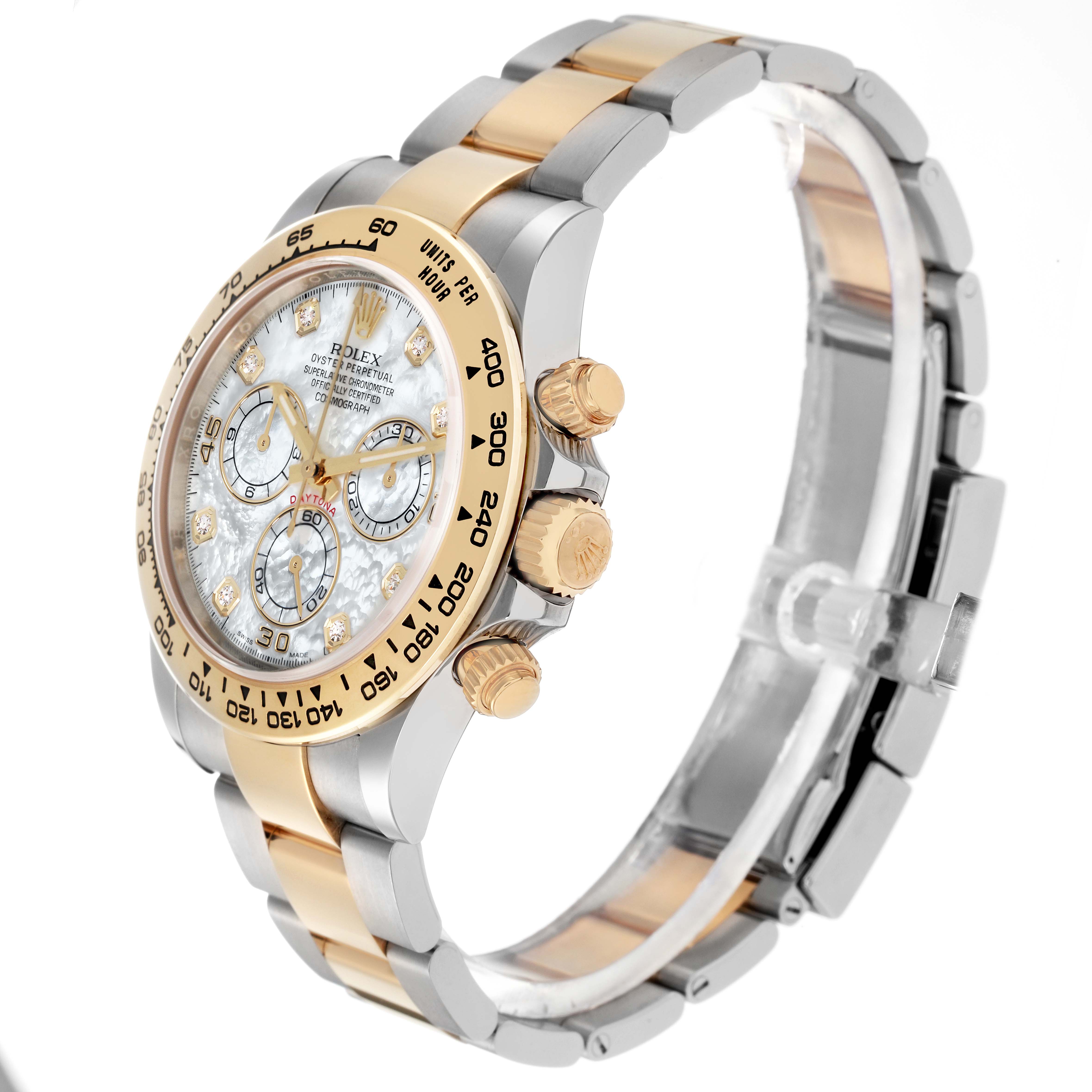 The Rolex Daytona 116503 Men
s Steel and Gold (two tone) Mother of Pearl Dial 116503 Men
s Steel and Gold (two tone) Mother of Pearl Dial watch is shown at an angle highlighting the face, bezel, crown, pushers, and bracelet.