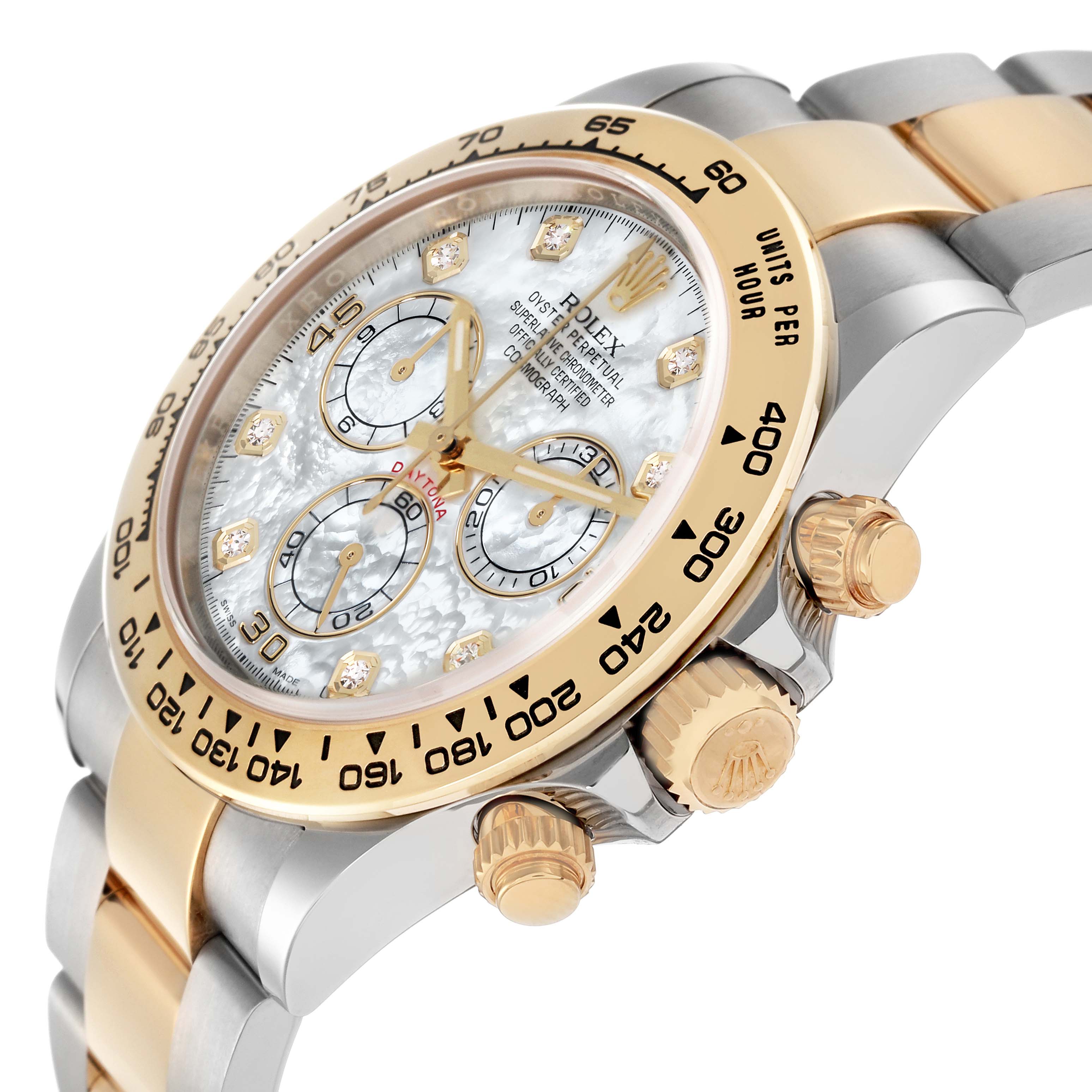 The Rolex Daytona 116503 Men
s Steel and Gold (two tone) Mother of Pearl Dial 116503 Men
s Steel and Gold (two tone) Mother of Pearl Dial watch is shown at an angled view, highlighting the bezel, crown, pushers, and part of the bracelet.
