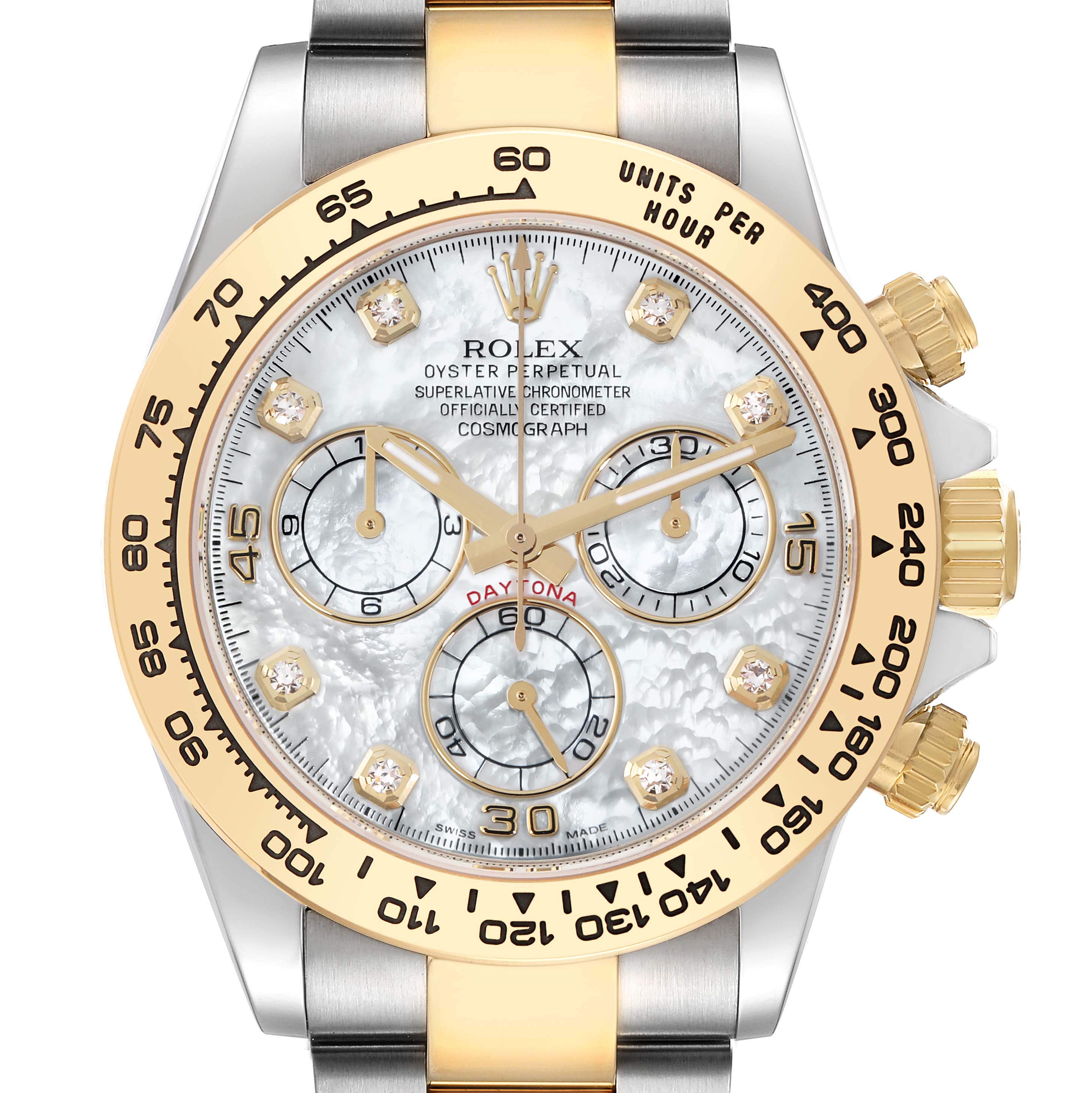 The Rolex Daytona 116503 Men
s Steel and Gold (two tone) Mother of Pearl Dial 116503 Men
s Steel and Gold (two tone) Mother of Pearl Dial watch is shown from a front angle, highlighting the bezel, dial, and pushers.