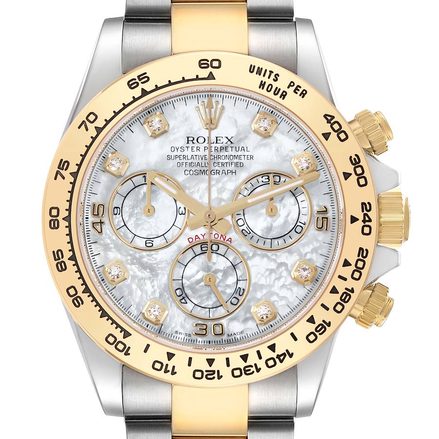 The Rolex Daytona watch is shown from a front angle, highlighting the bezel, dial, and pushers.