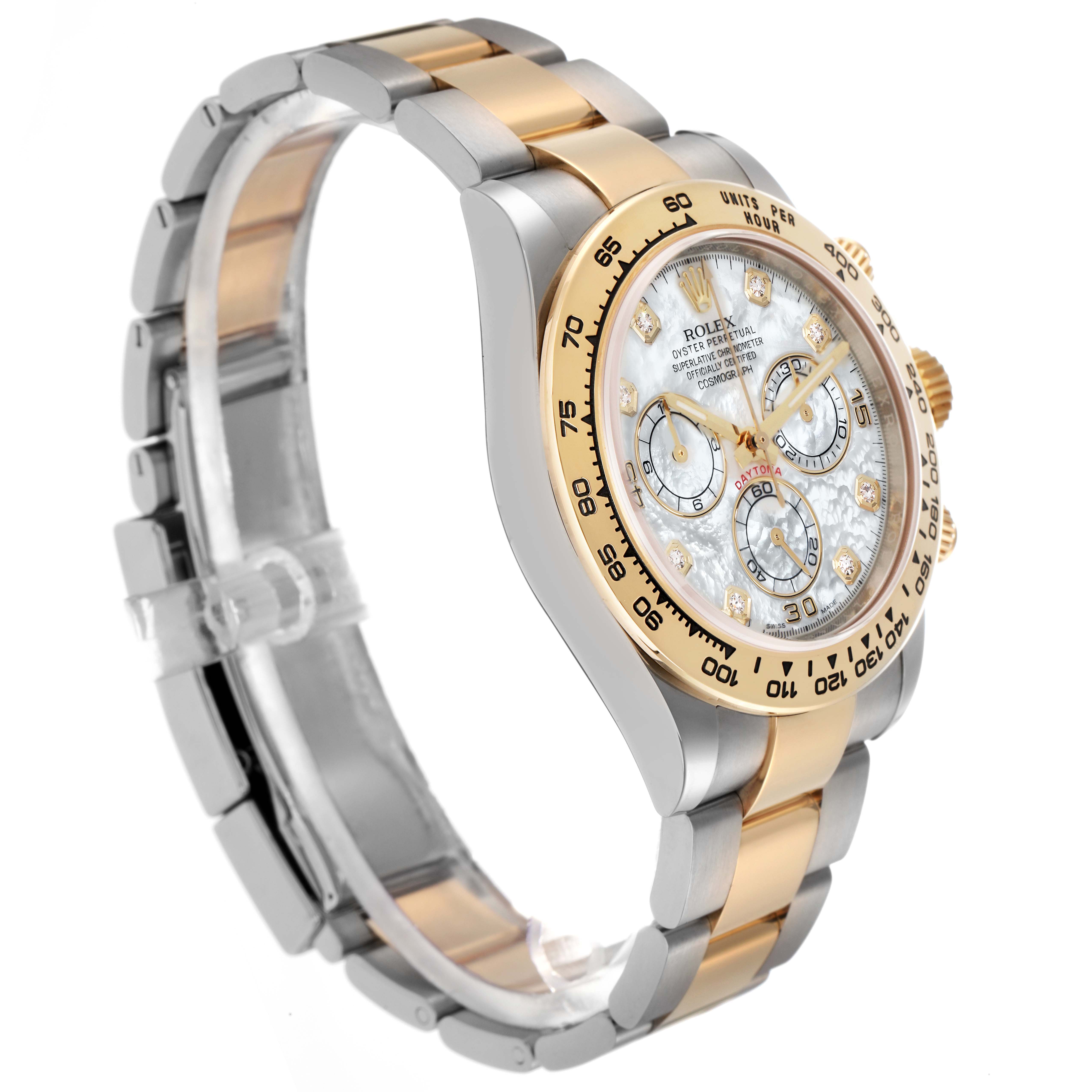 The Rolex Daytona 116503 Men
s Steel and Gold (two tone) Mother of Pearl Dial 116503 Men
s Steel and Gold (two tone) Mother of Pearl Dial watch is shown at a three-quarter angle, highlighting the face, bezel, and bracelet with a clear view of its design.